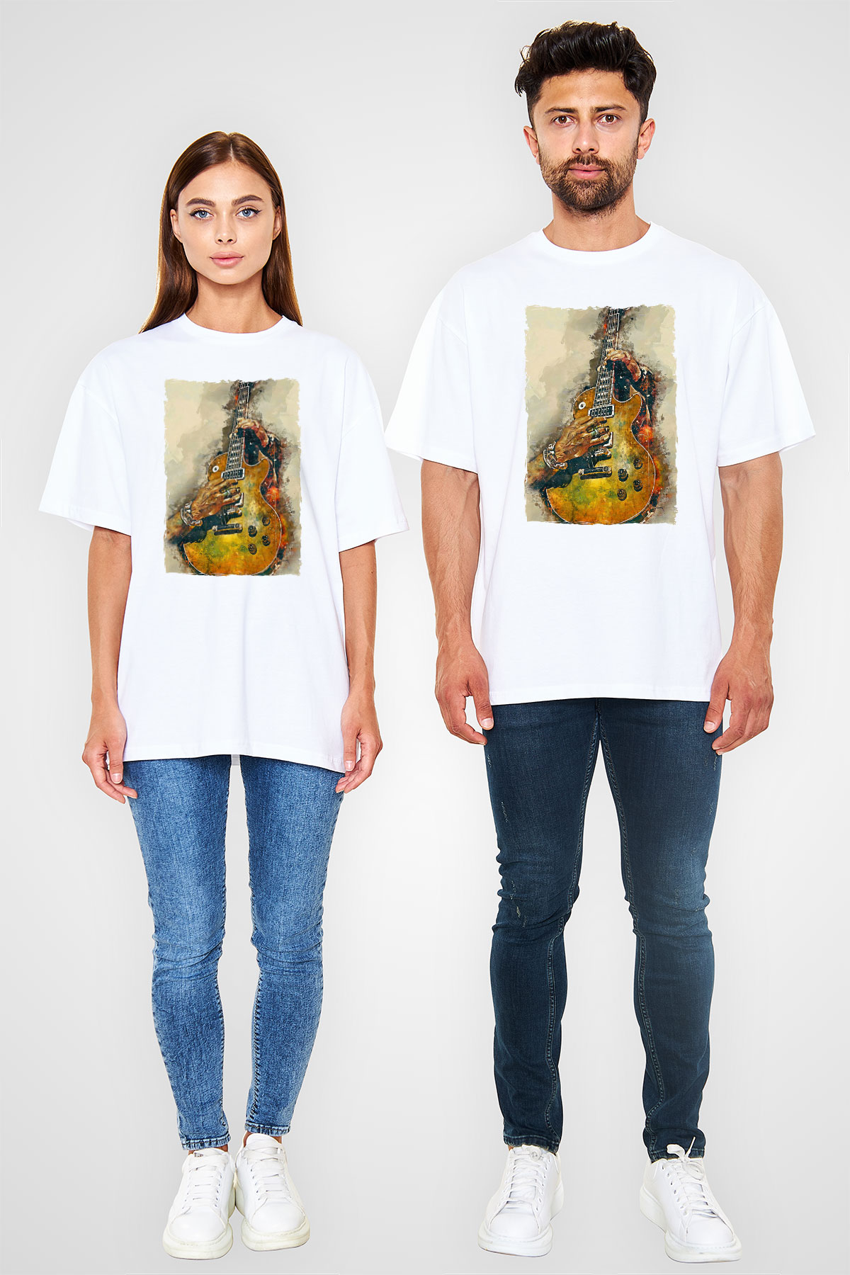 Elektro Gitar Baskılı Beyaz Unisex Oversize Tişört - Tshirt