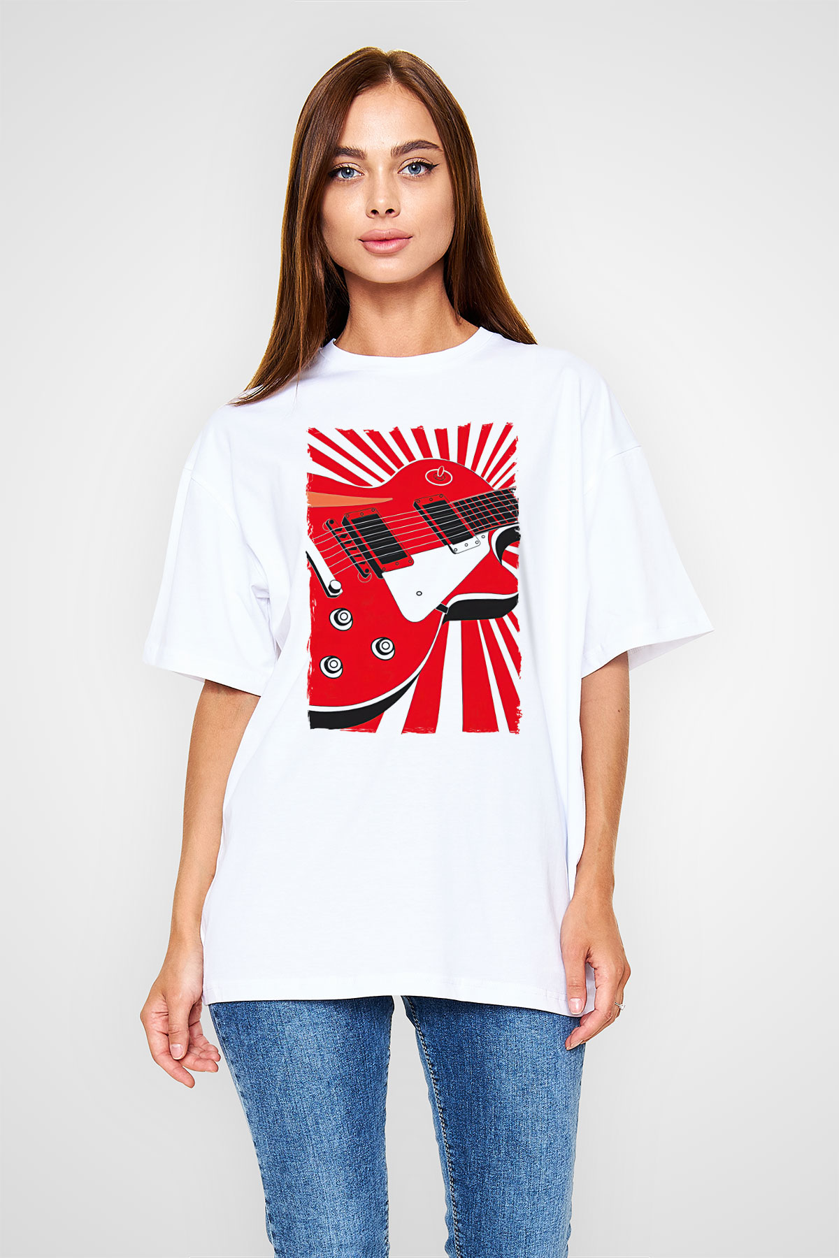 Elektro Gitar Baskılı Beyaz Unisex Oversize Tişört - Tshirt