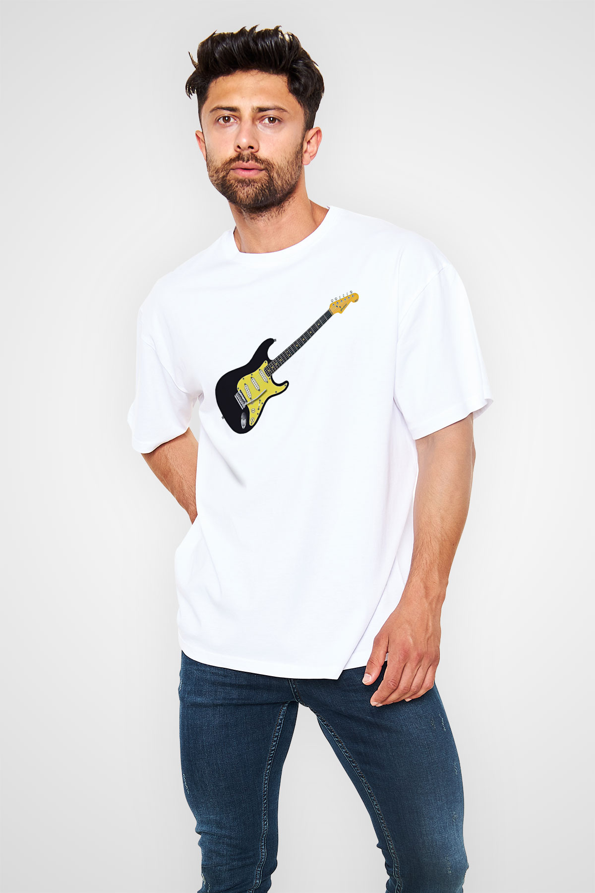 Elektro Gitar Baskılı Beyaz Unisex Oversize Tişört - Tshirt