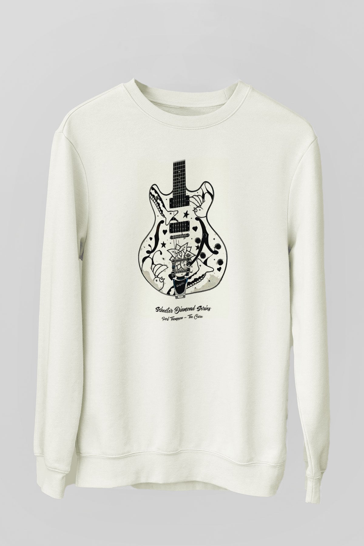 Elektro Gitar Baskılı Beyaz Unisex Sweatshirt