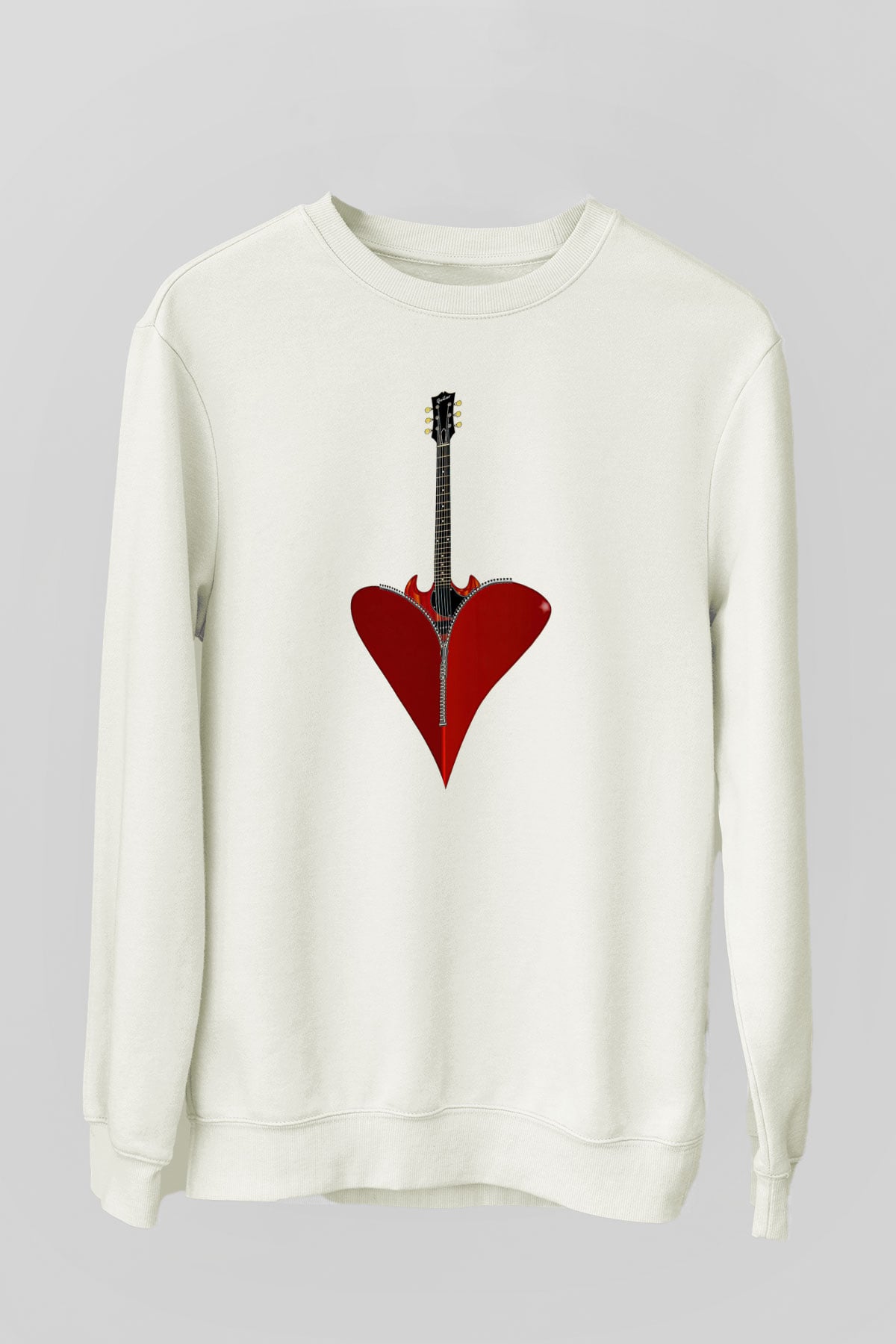 Elektro Gitar Baskılı Beyaz Unisex Sweatshirt