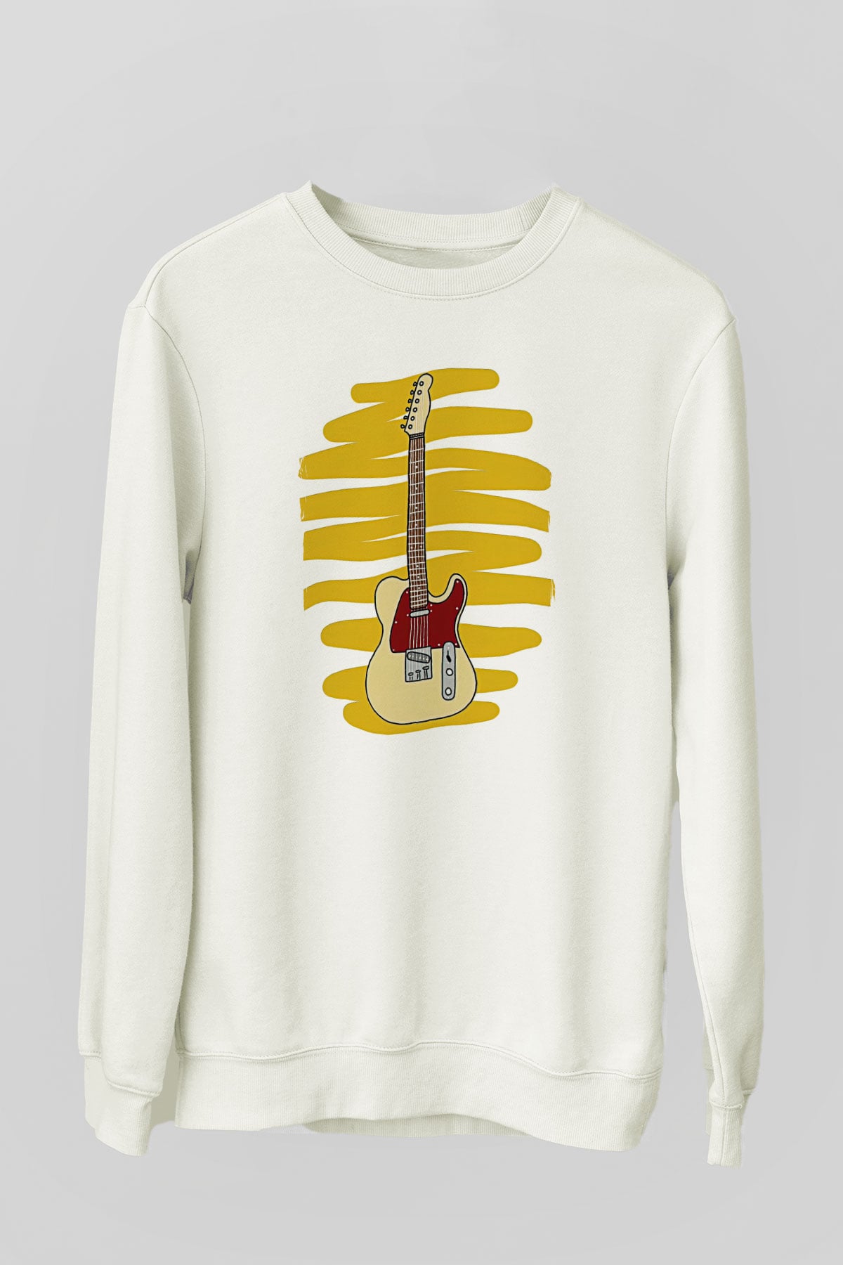 Elektro Gitar Baskılı Beyaz Unisex Sweatshirt