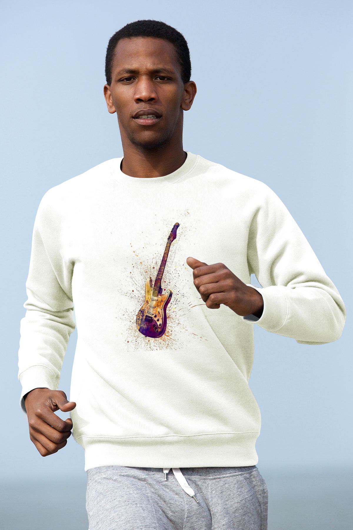 Elektro Gitar Baskılı Beyaz Unisex Sweatshirt
