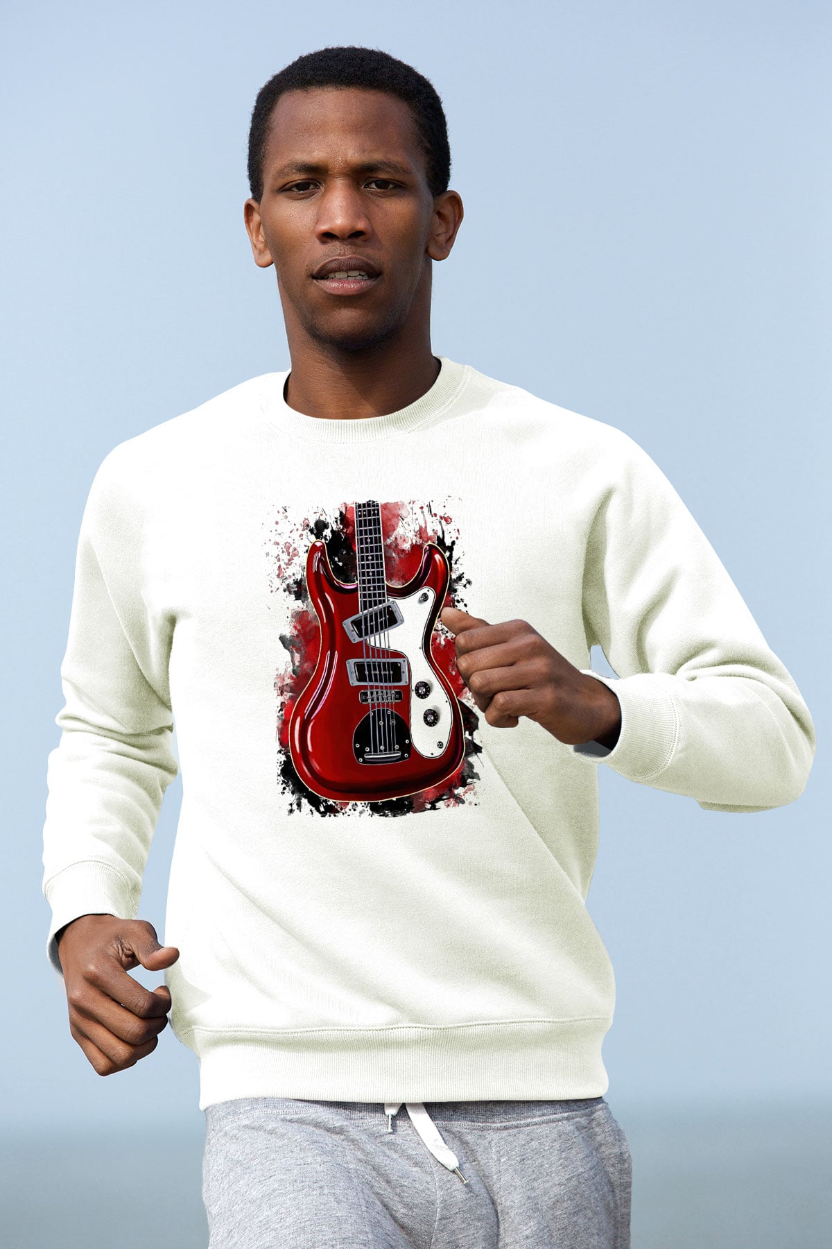 Elektro Gitar Baskılı Beyaz Unisex Sweatshirt