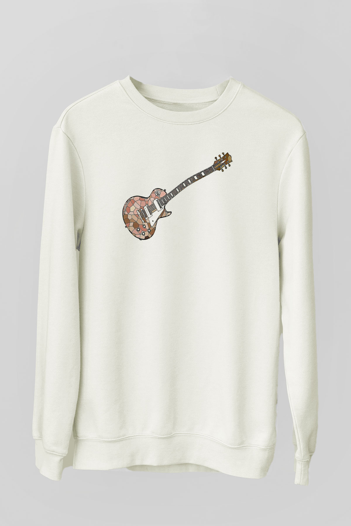 Elektro Gitar Baskılı Beyaz Unisex Sweatshirt