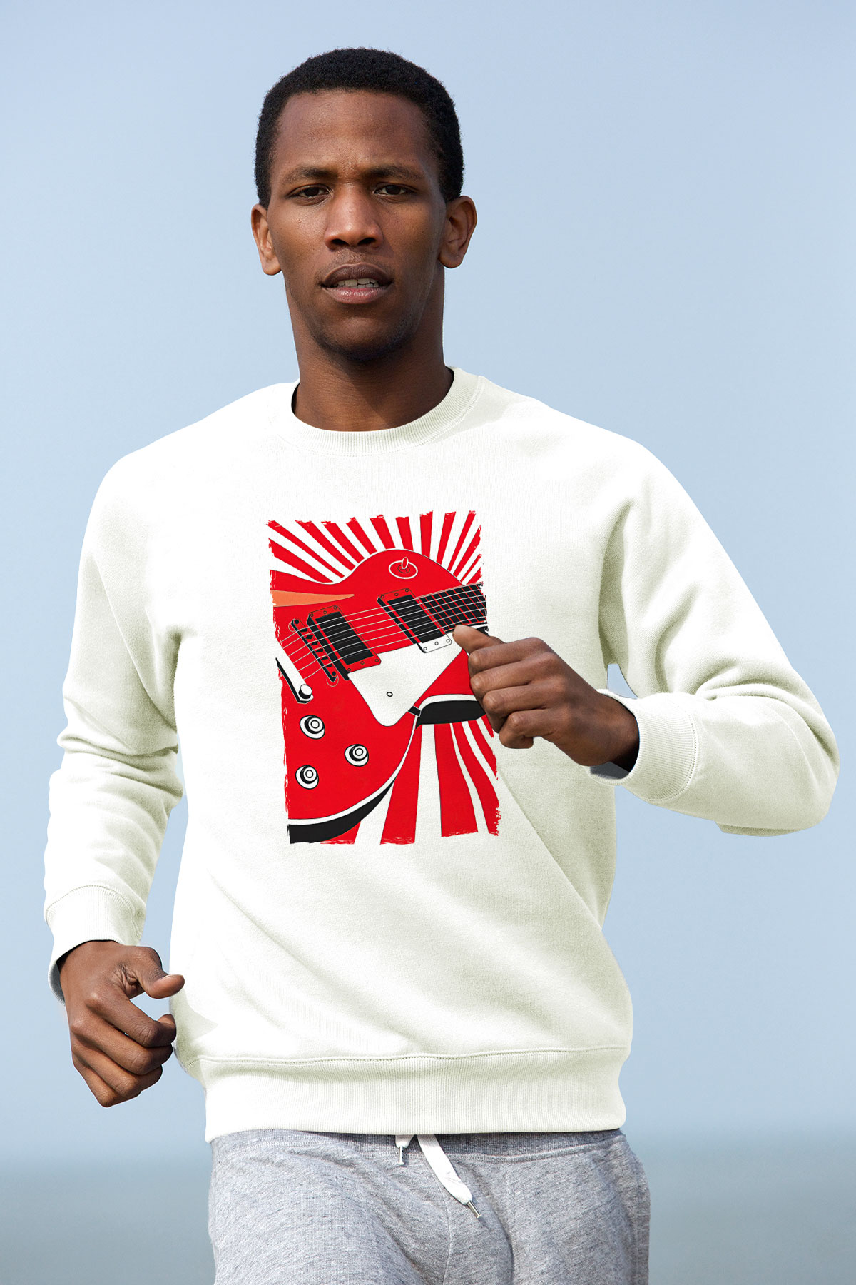 Elektro Gitar Baskılı Beyaz Unisex Sweatshirt