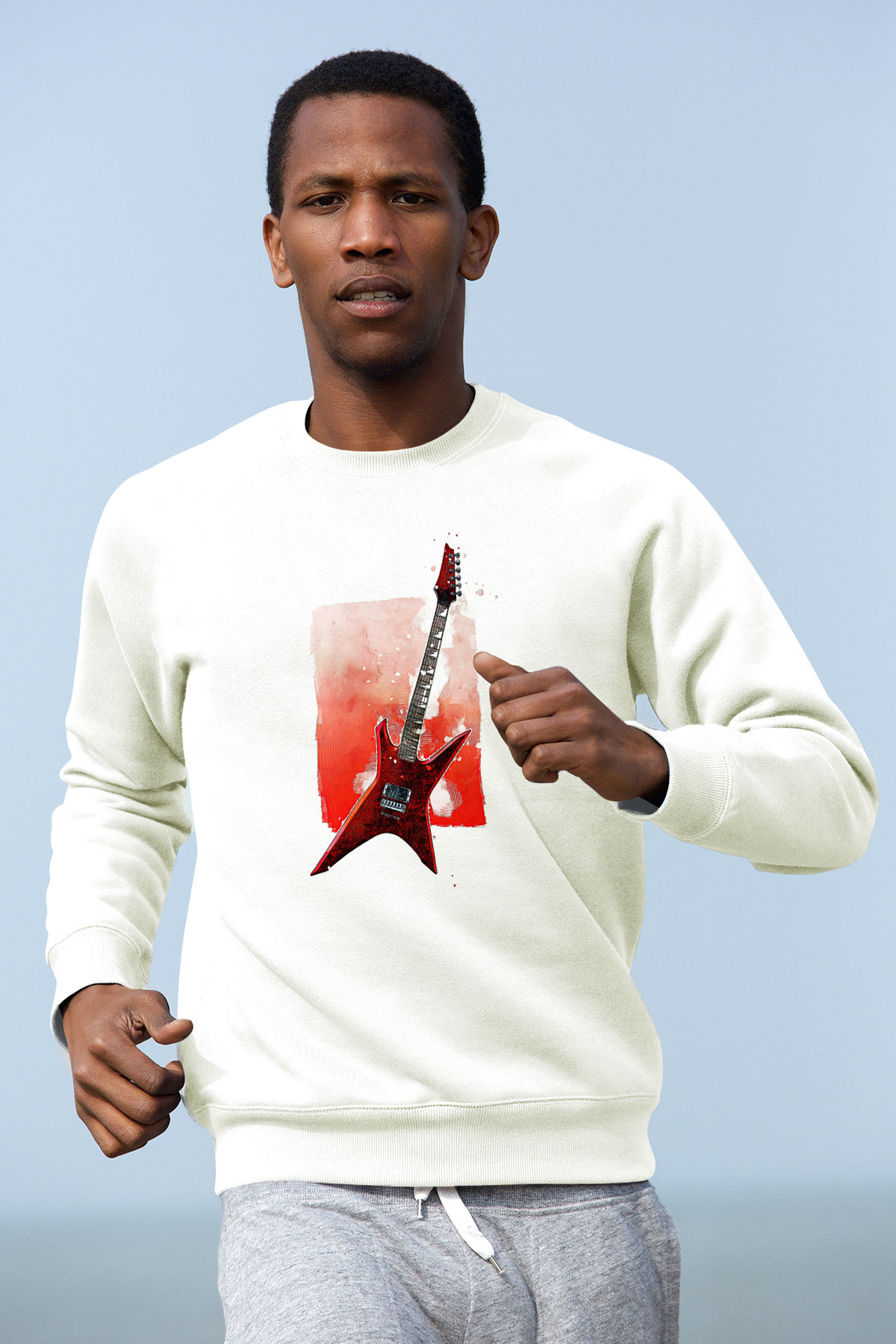 Elektro Gitar Baskılı Beyaz Unisex Sweatshirt