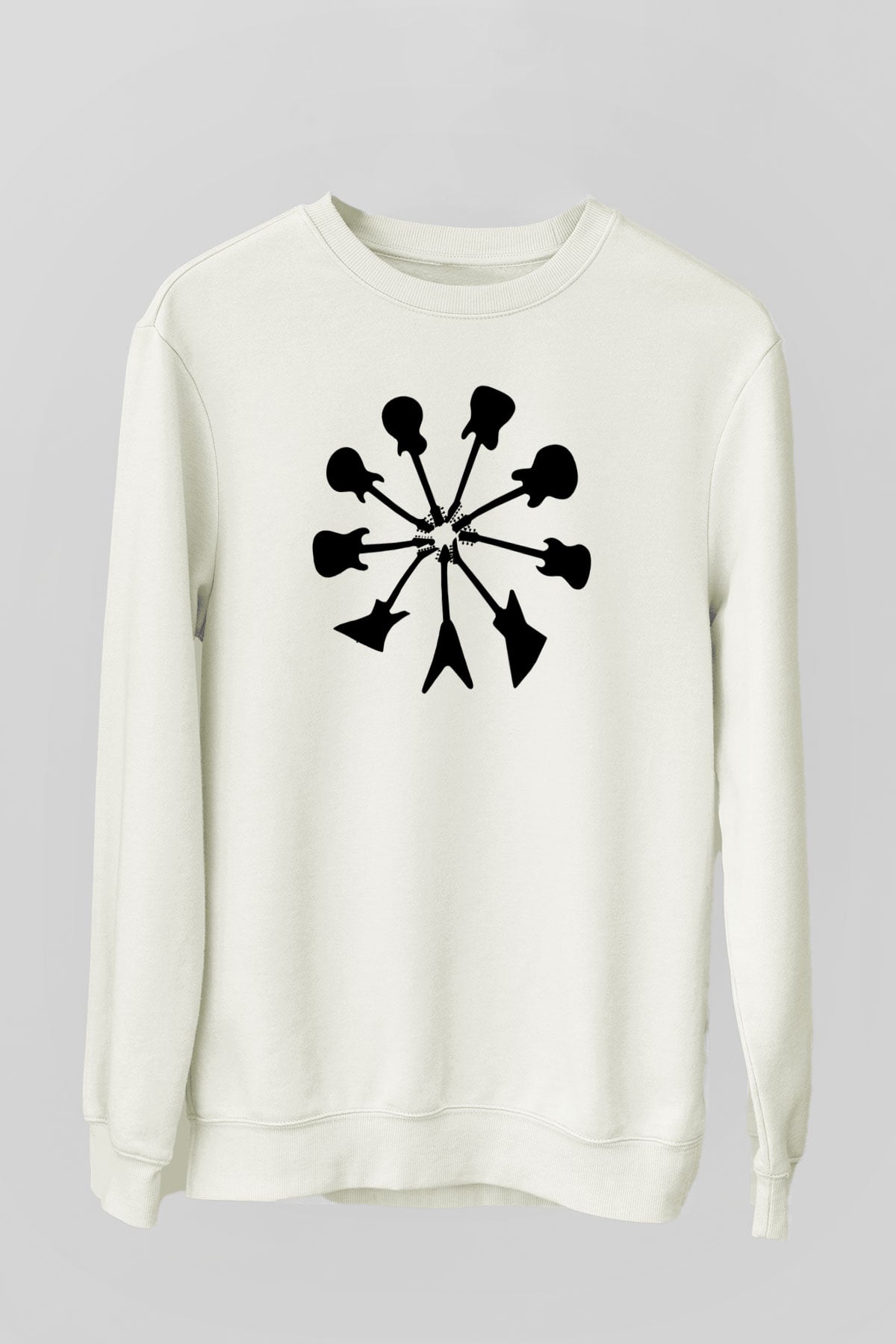 Elektro Gitar Baskılı Beyaz Unisex Sweatshirt