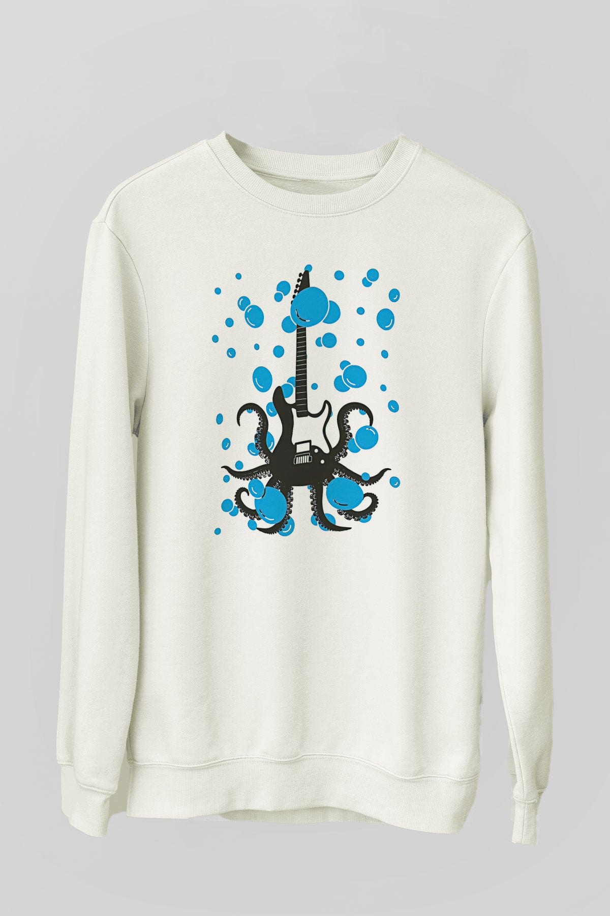 Elektro Gitar Baskılı Beyaz Unisex Sweatshirt