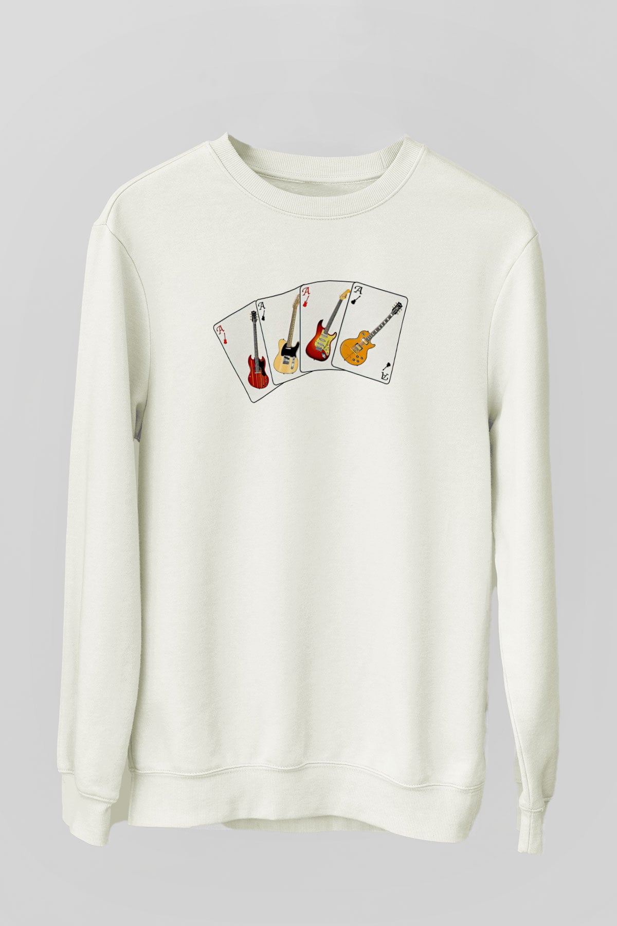Elektro Gitar Baskılı Beyaz Unisex Sweatshirt
