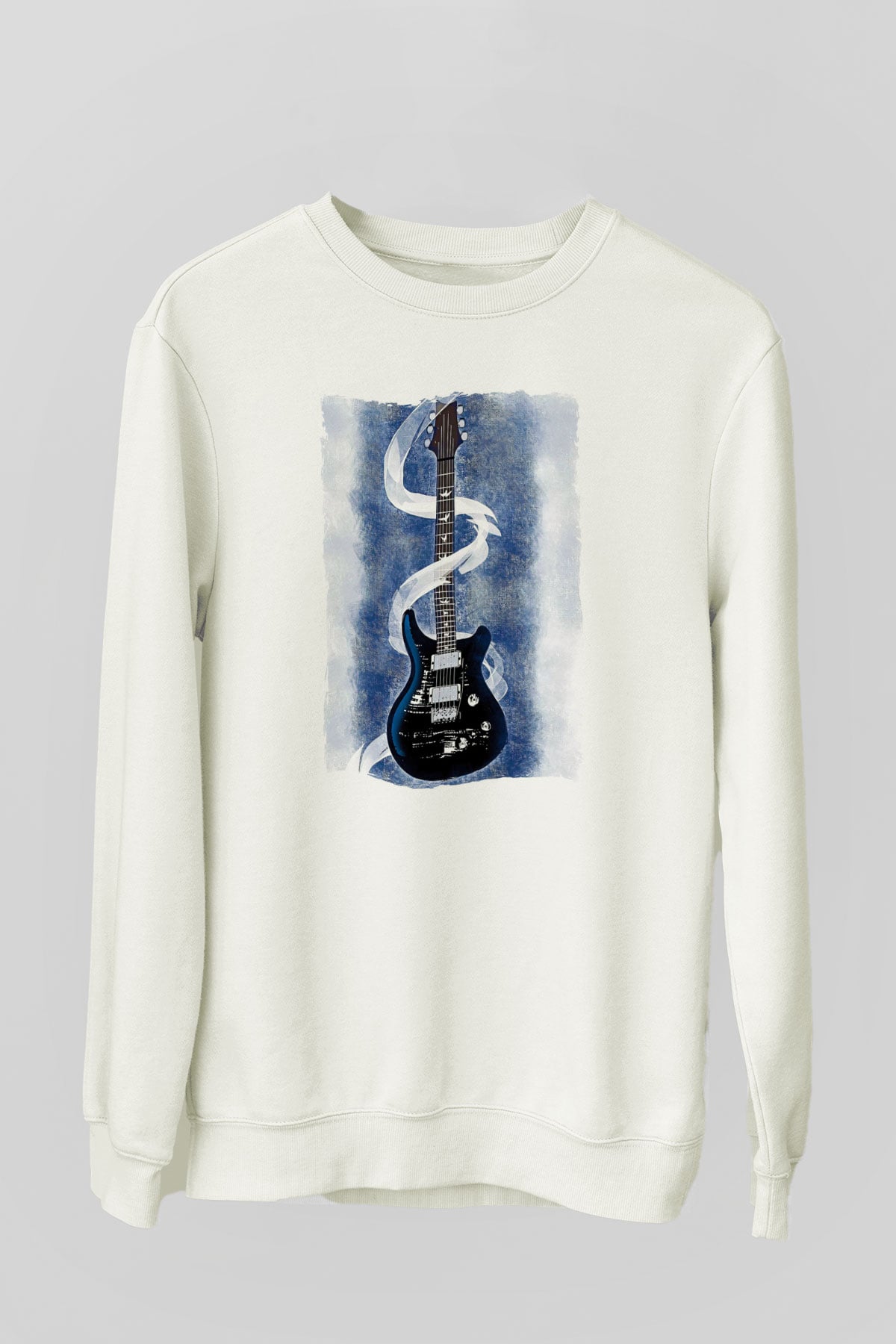 Elektro Gitar Baskılı Beyaz Unisex Sweatshirt