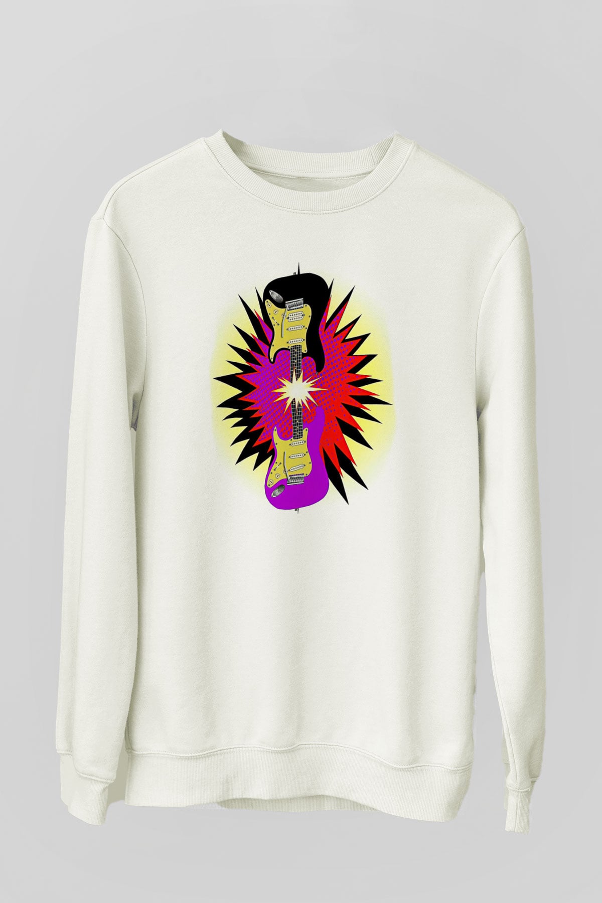 Elektro Gitar Baskılı Beyaz Unisex Sweatshirt