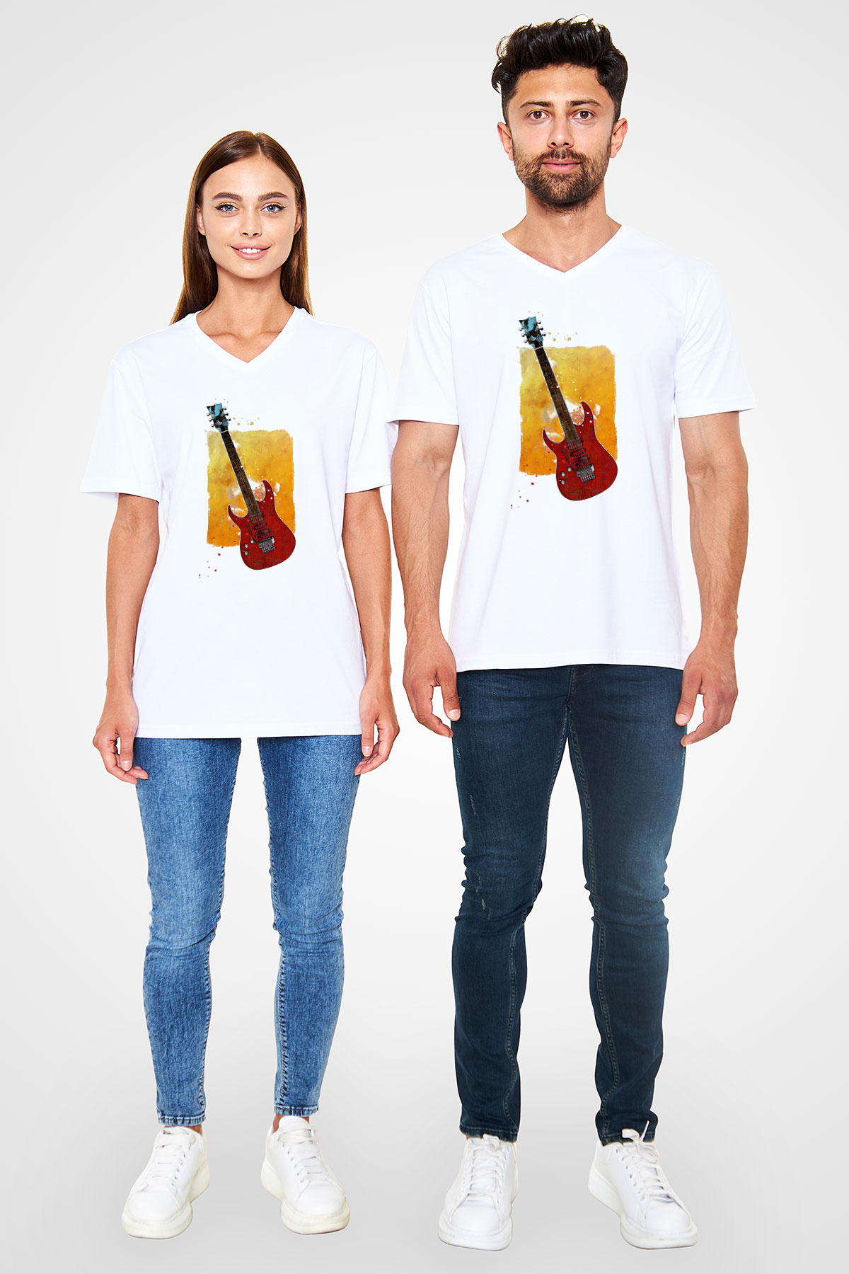Elektro Gitar Baskılı Beyaz Unisex V Yaka Tişört - Tshirt