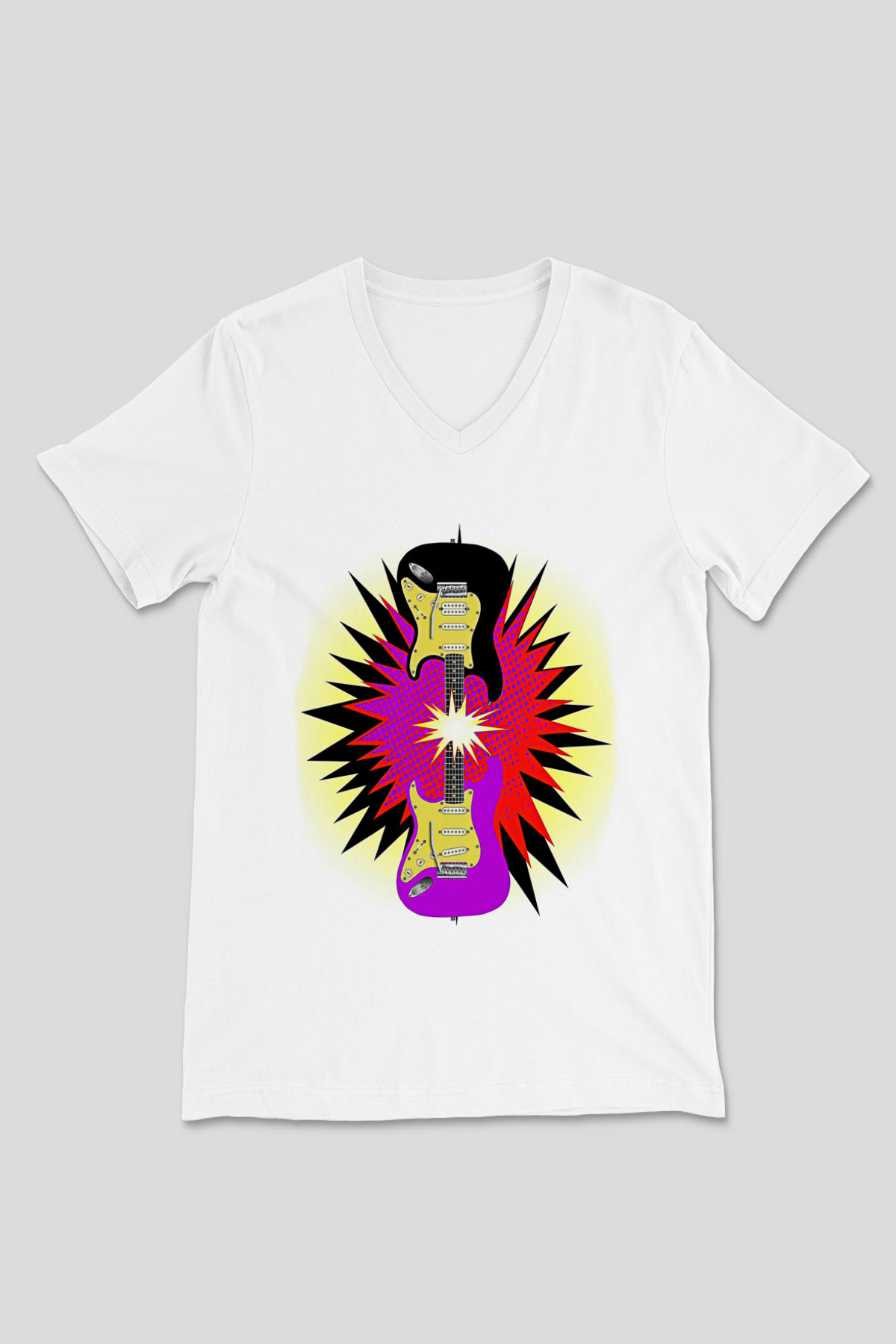 Elektro Gitar Baskılı Beyaz Unisex V Yaka Tişört - Tshirt
