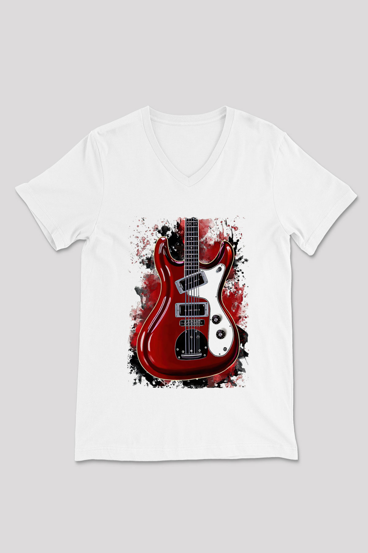 Elektro Gitar Baskılı Beyaz Unisex V Yaka Tişört - Tshirt