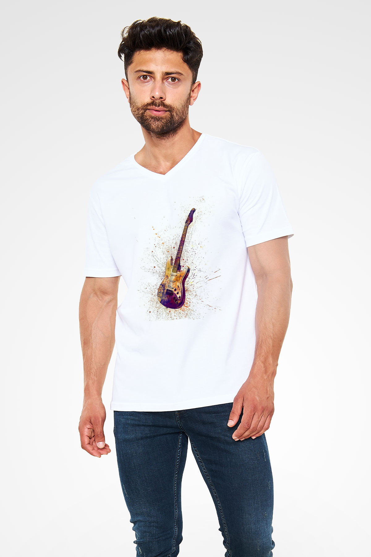 Elektro Gitar Baskılı Beyaz Unisex V Yaka Tişört - Tshirt