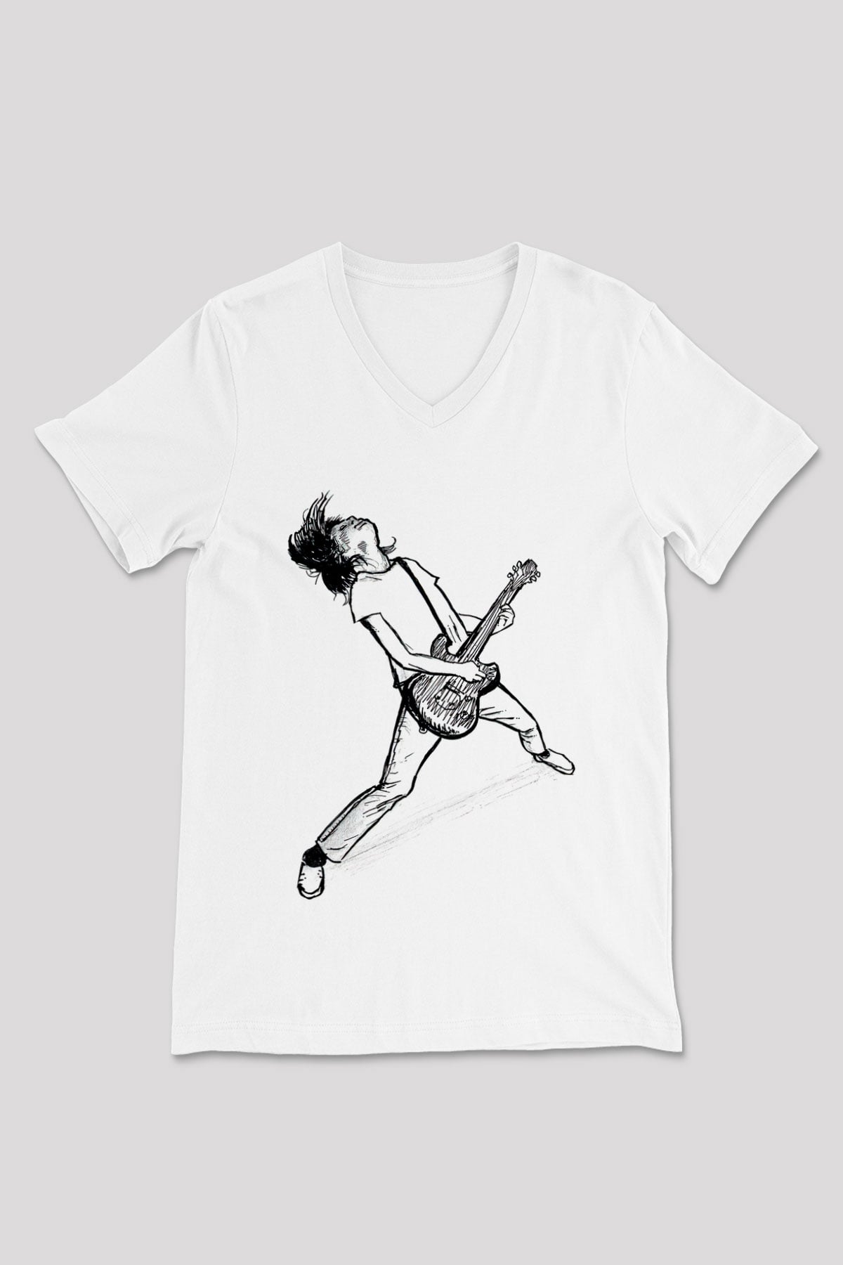 Elektro Gitar Baskılı Beyaz Unisex V Yaka Tişört - Tshirt
