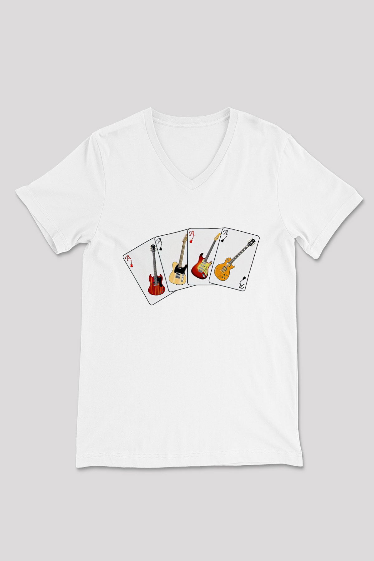 Elektro Gitar Baskılı Beyaz Unisex V Yaka Tişört - Tshirt