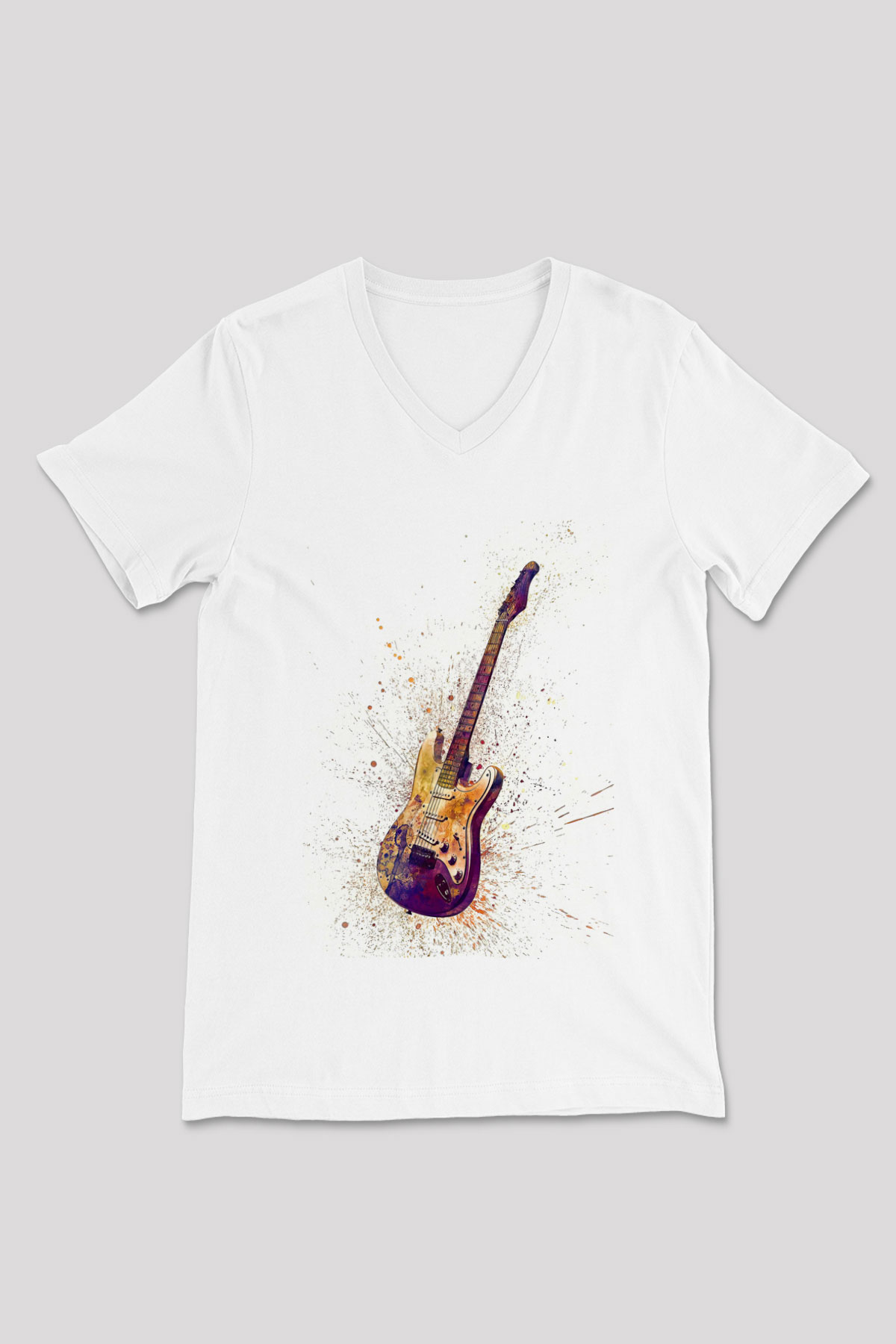 Elektro Gitar Baskılı Beyaz Unisex V Yaka Tişört - Tshirt