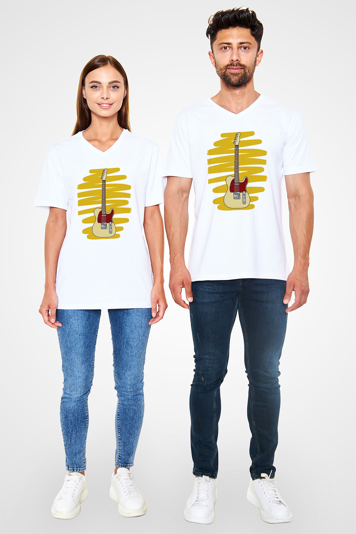 Elektro Gitar Baskılı Beyaz Unisex V Yaka Tişört - Tshirt
