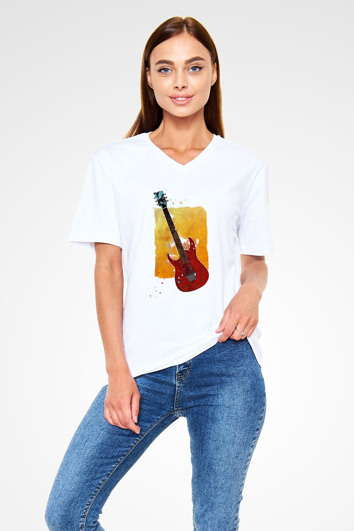 Elektro Gitar Baskılı Beyaz Unisex V Yaka Tişört - Tshirt