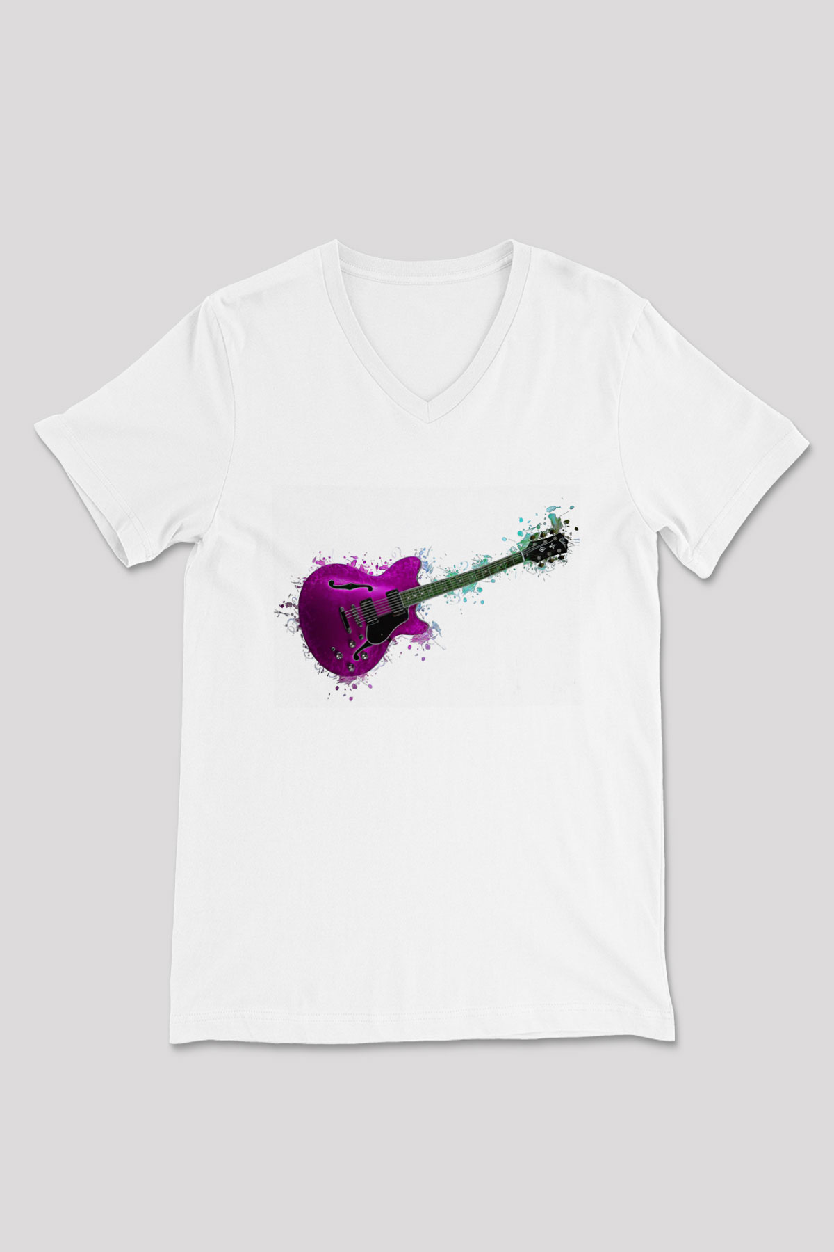 Elektro Gitar Baskılı Beyaz Unisex V Yaka Tişört - Tshirt