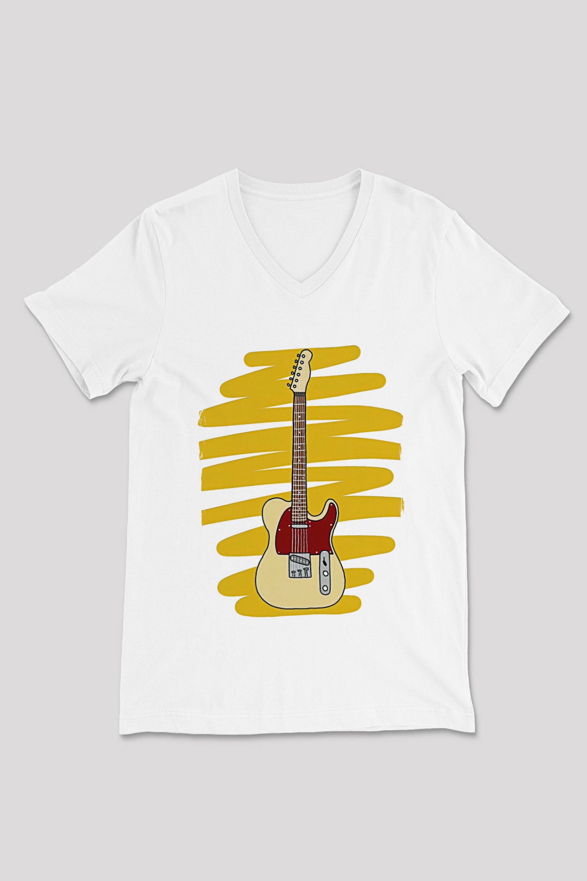 Elektro Gitar Baskılı Beyaz Unisex V Yaka Tişört - Tshirt