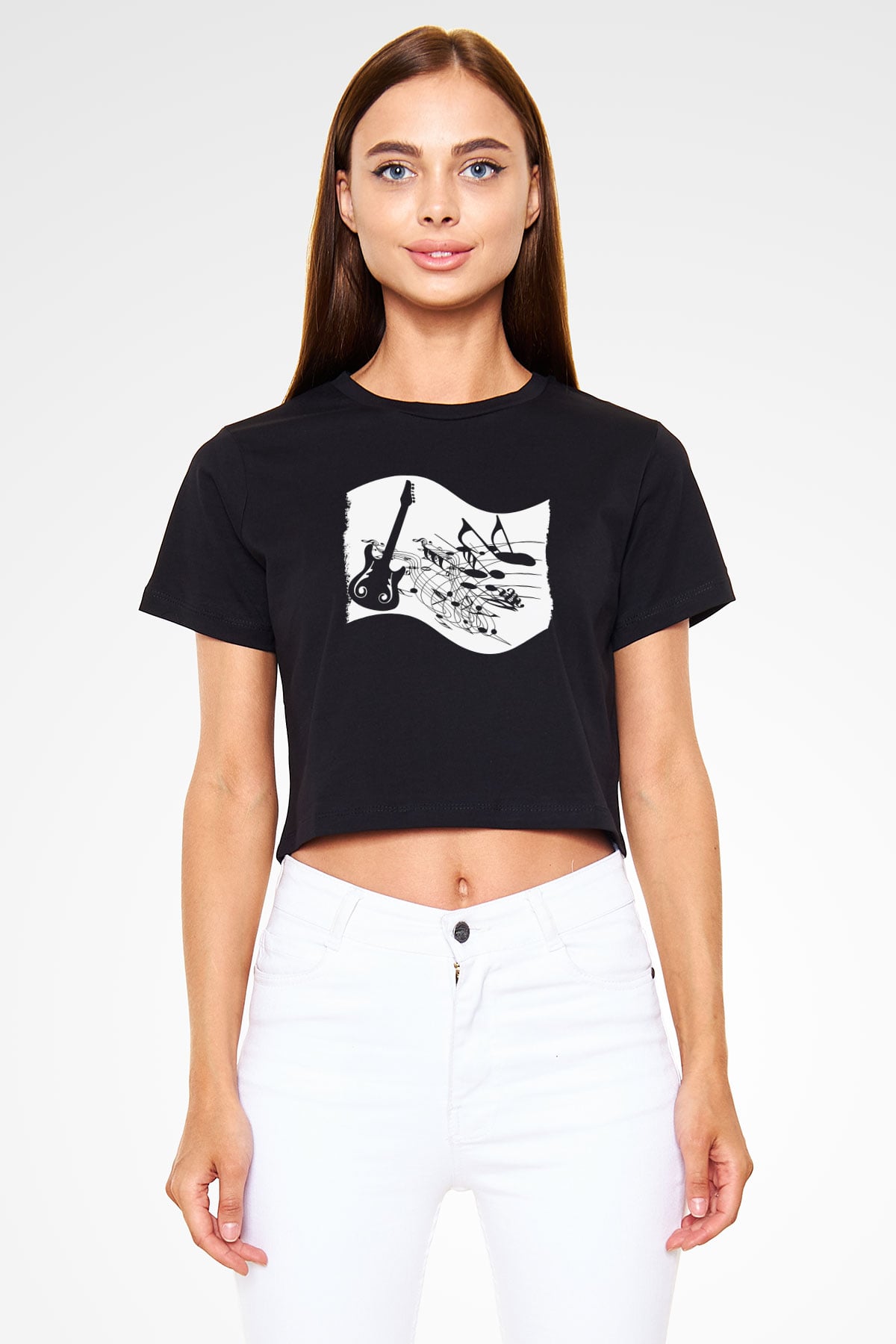 Elektro Gitar Baskılı Siyah Crop Top Kadın Tişört - Tshirt