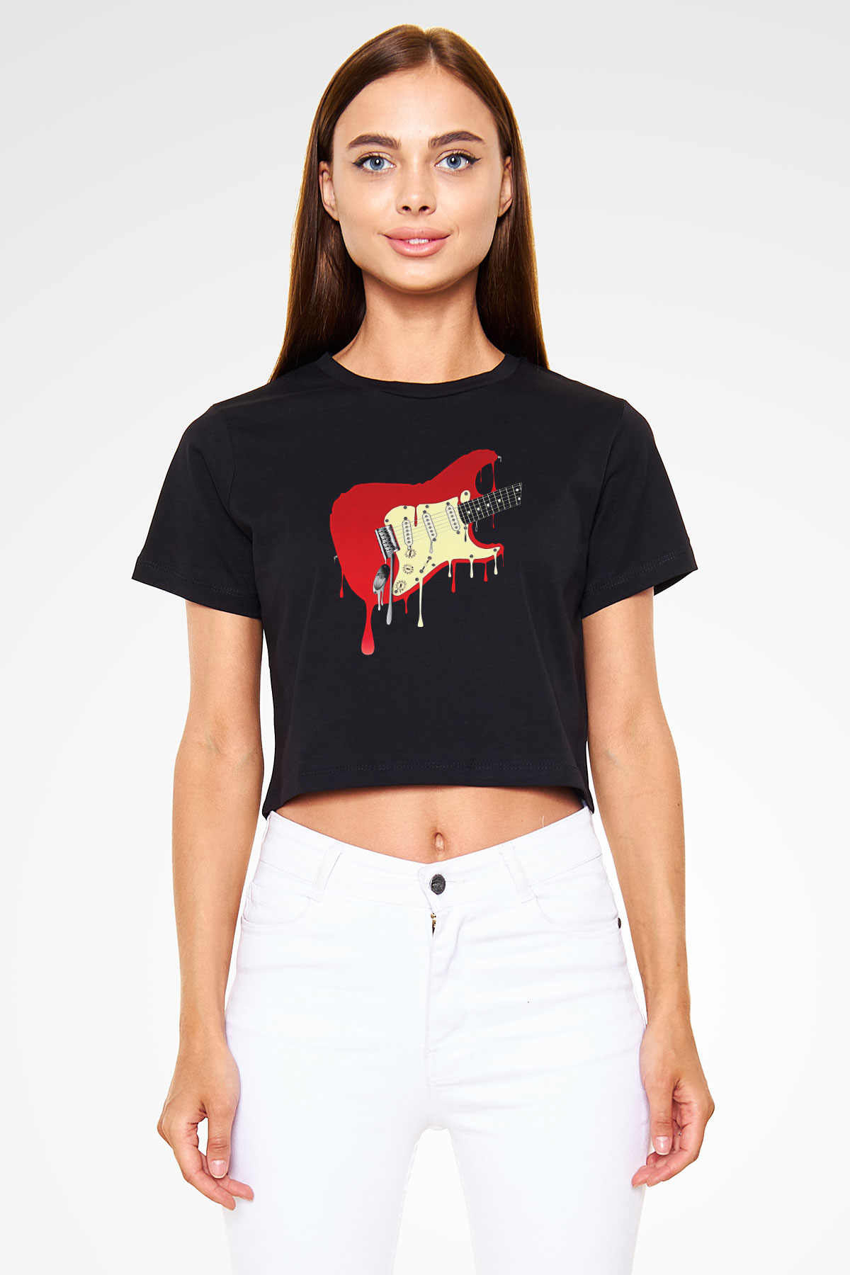 Elektro Gitar Baskılı Siyah Crop Top Kadın Tişört - Tshirt
