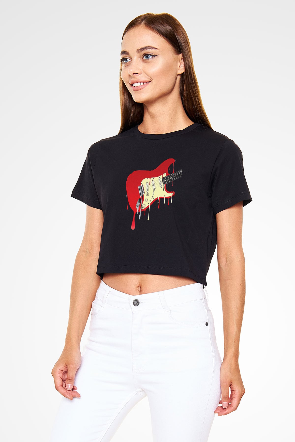 Elektro Gitar Baskılı Siyah Crop Top Kadın Tişört - Tshirt
