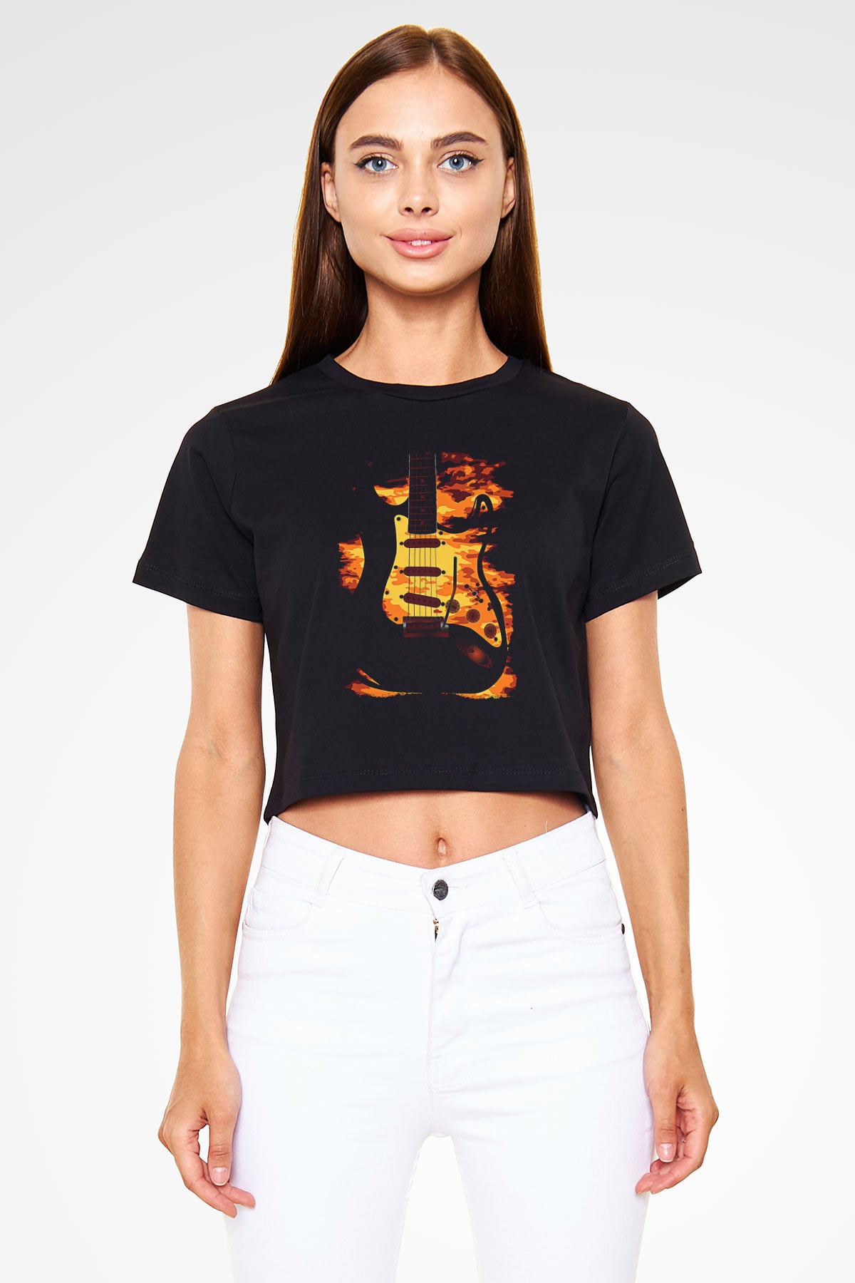 Elektro Gitar Baskılı Siyah Crop Top Kadın Tişört - Tshirt