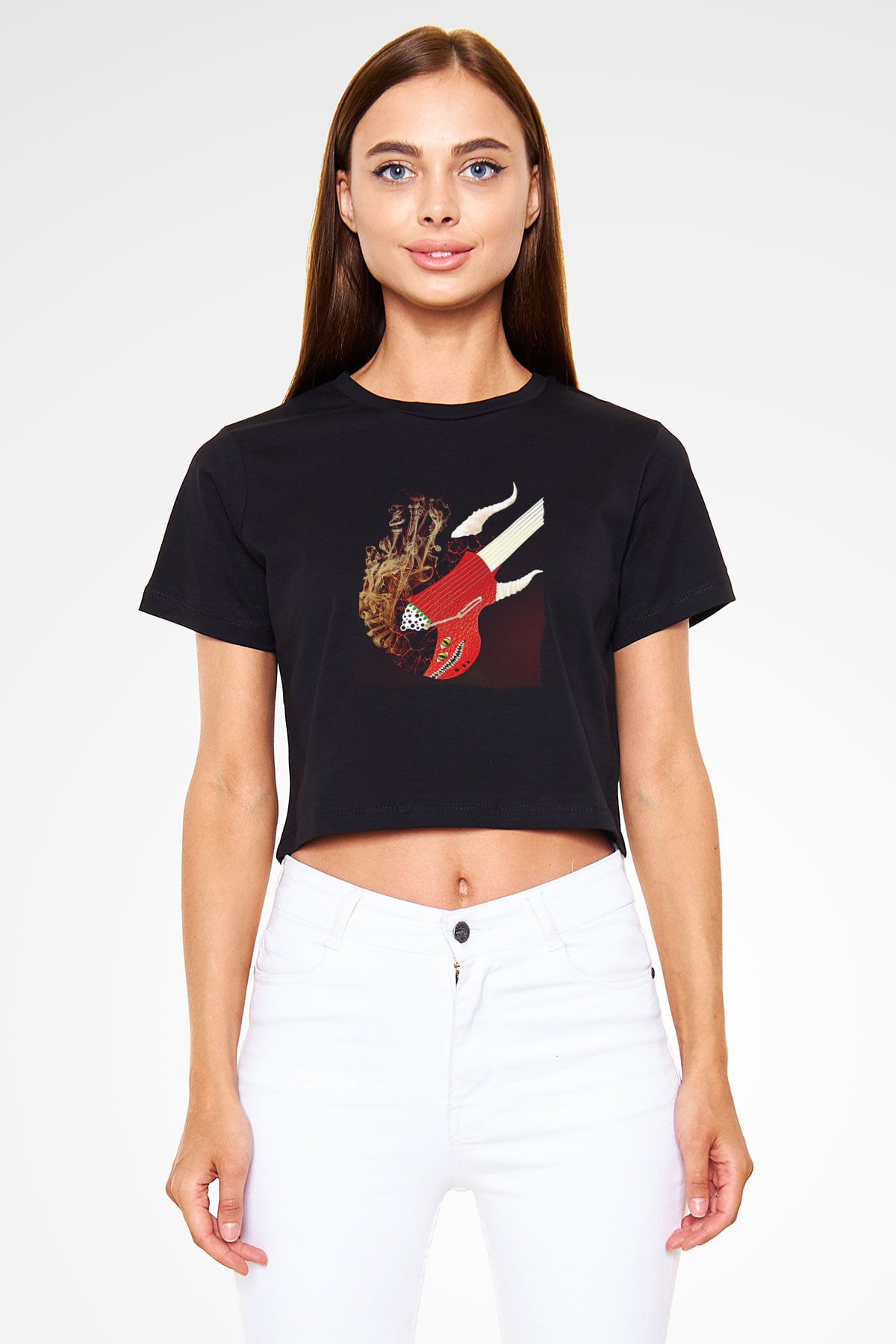 Elektro Gitar Baskılı Siyah Crop Top Kadın Tişört - Tshirt