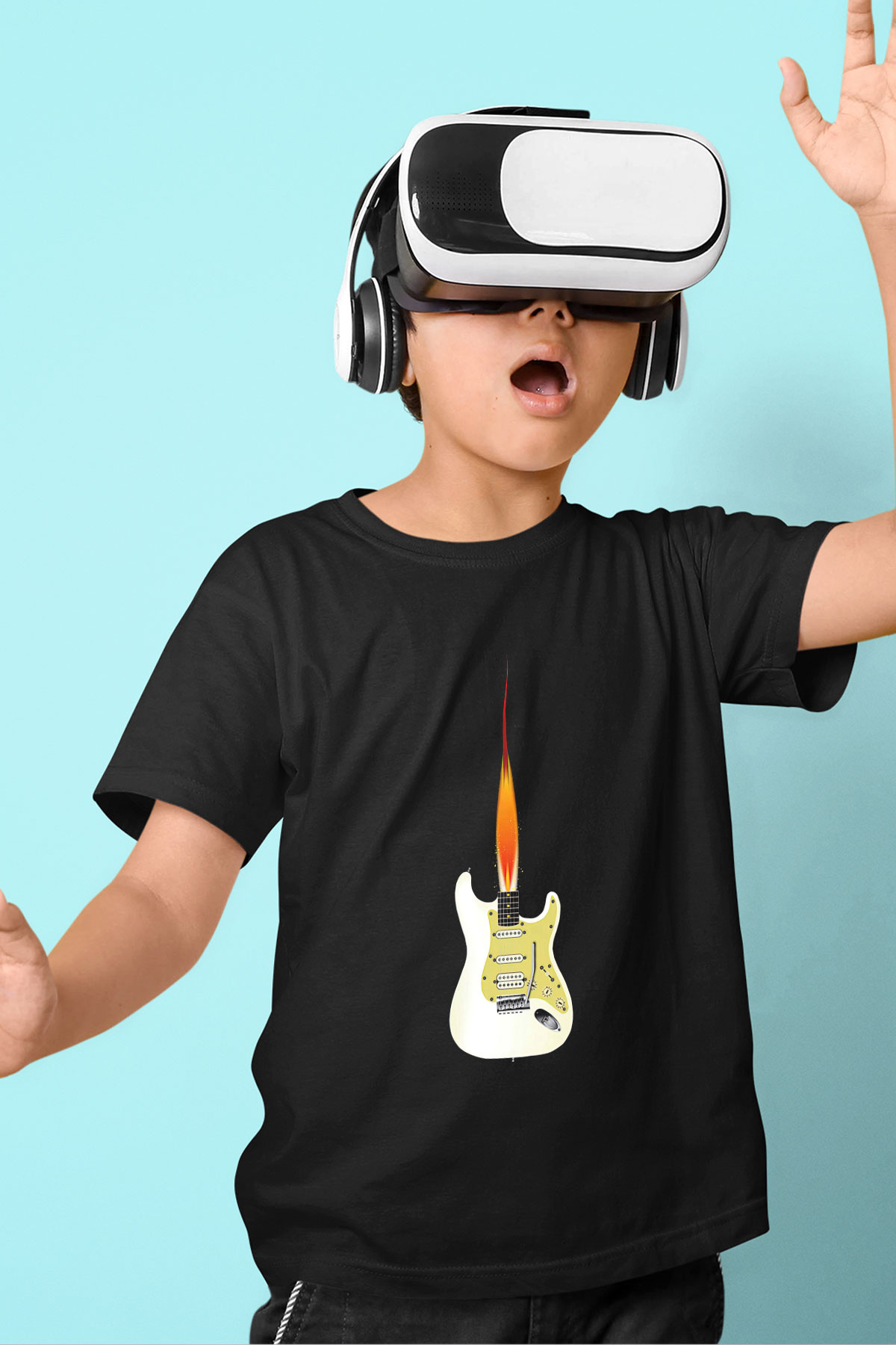 Elektro Gitar Baskılı Unisex Siyah Çocuk Tişört - Tshirt