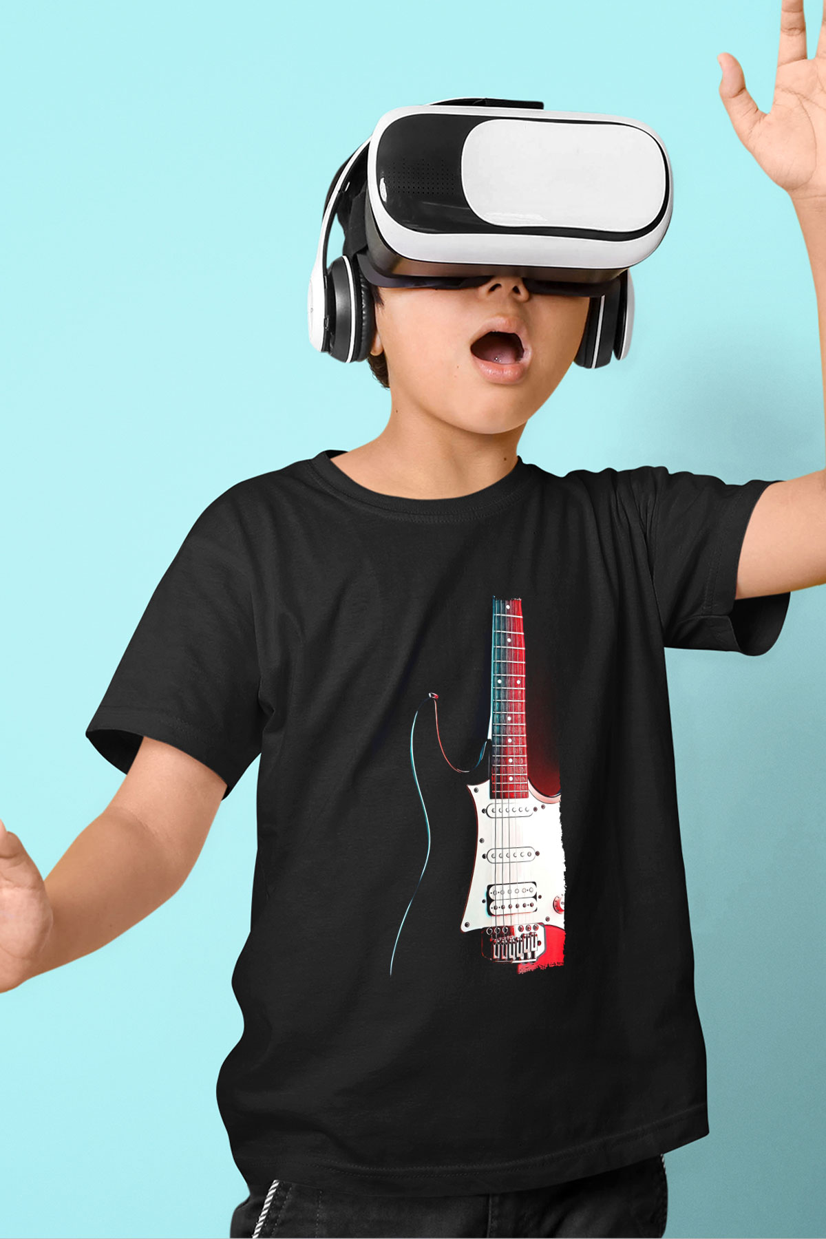 Elektro Gitar Baskılı Unisex Siyah Çocuk Tişört - Tshirt