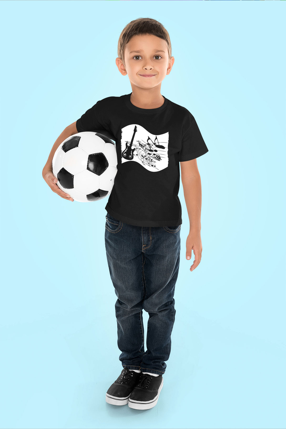 Elektro Gitar Baskılı Unisex Siyah Çocuk Tişört - Tshirt