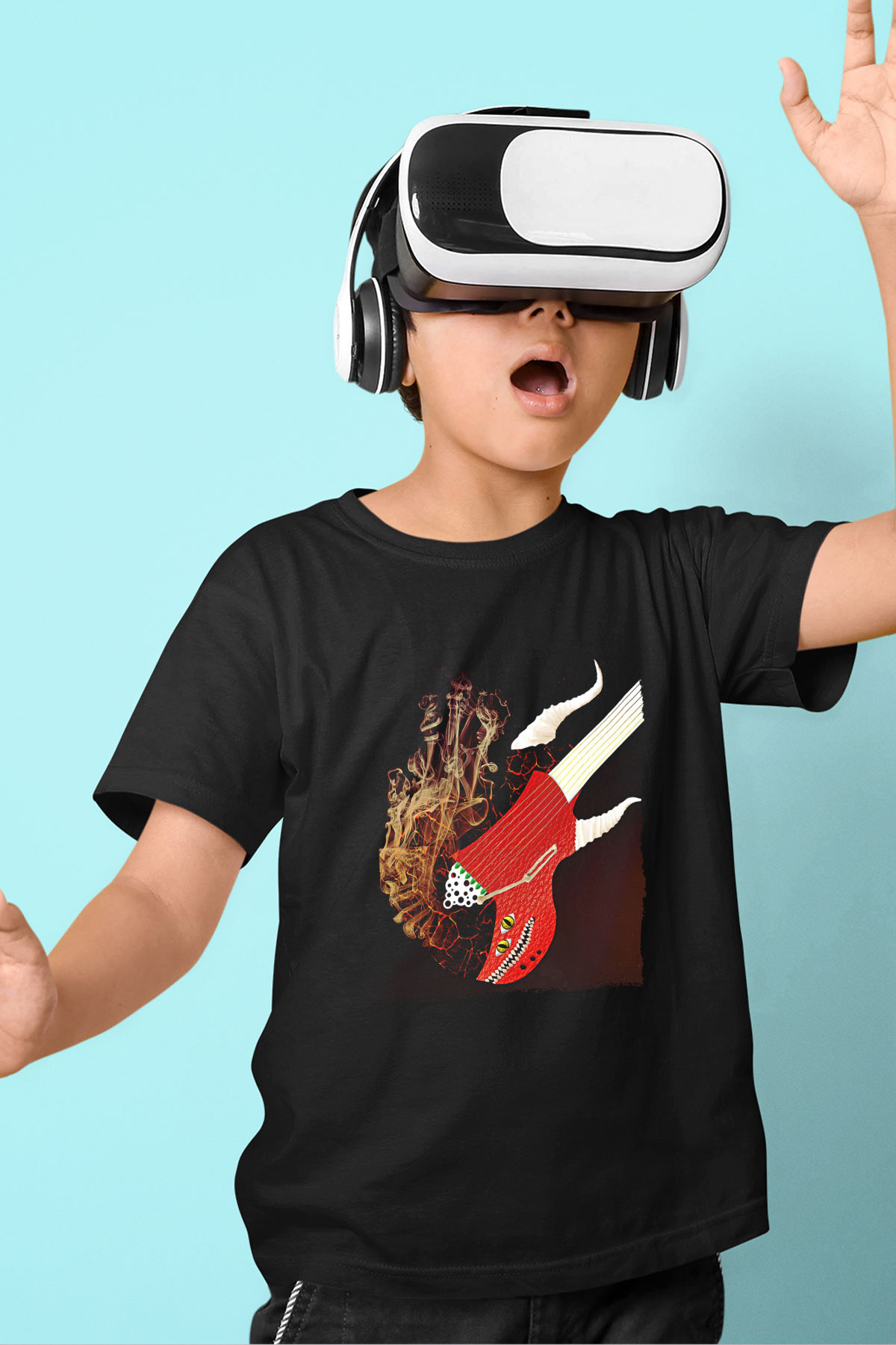 Elektro Gitar Baskılı Unisex Siyah Çocuk Tişört - Tshirt