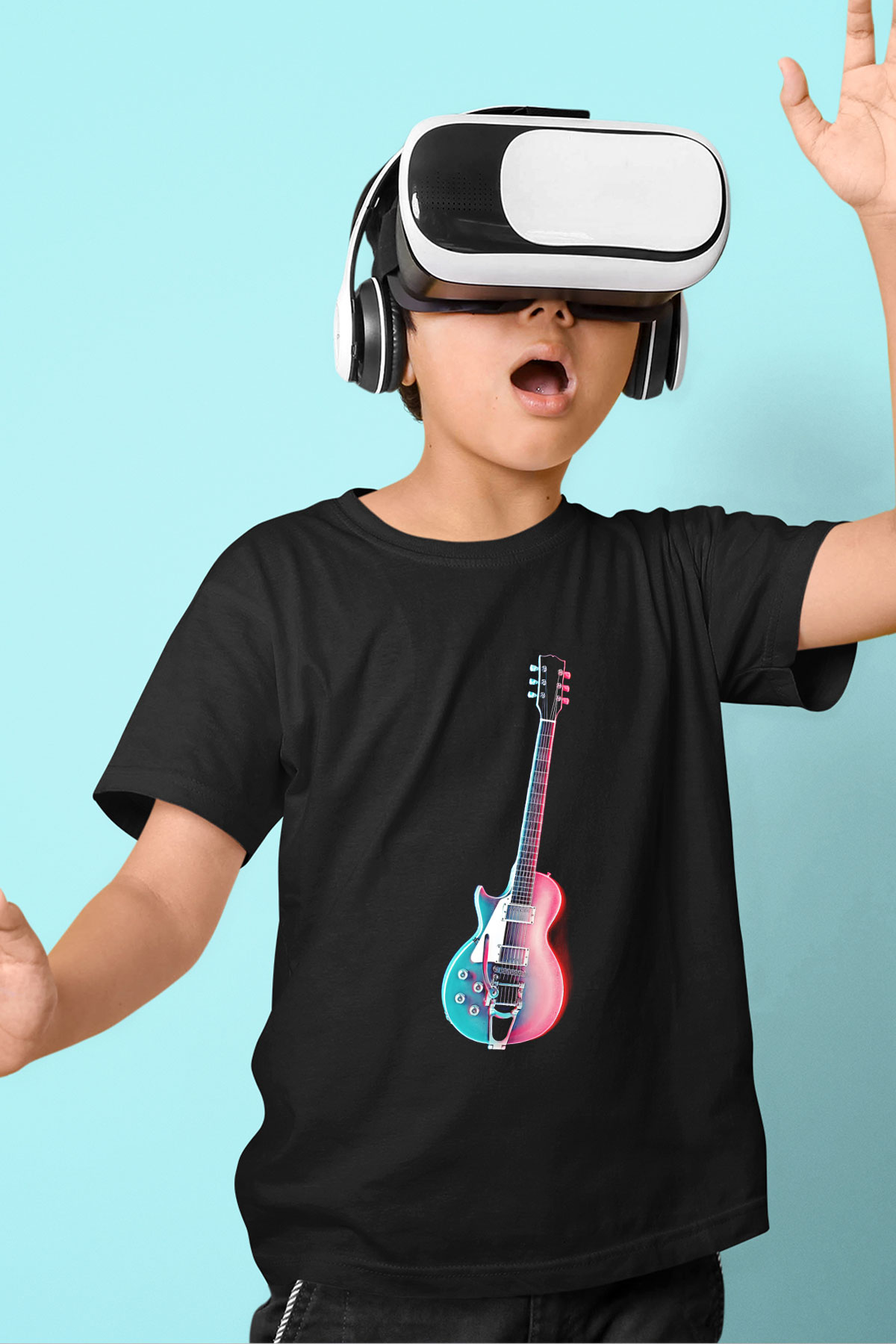 Elektro Gitar Baskılı Unisex Siyah Çocuk Tişört - Tshirt