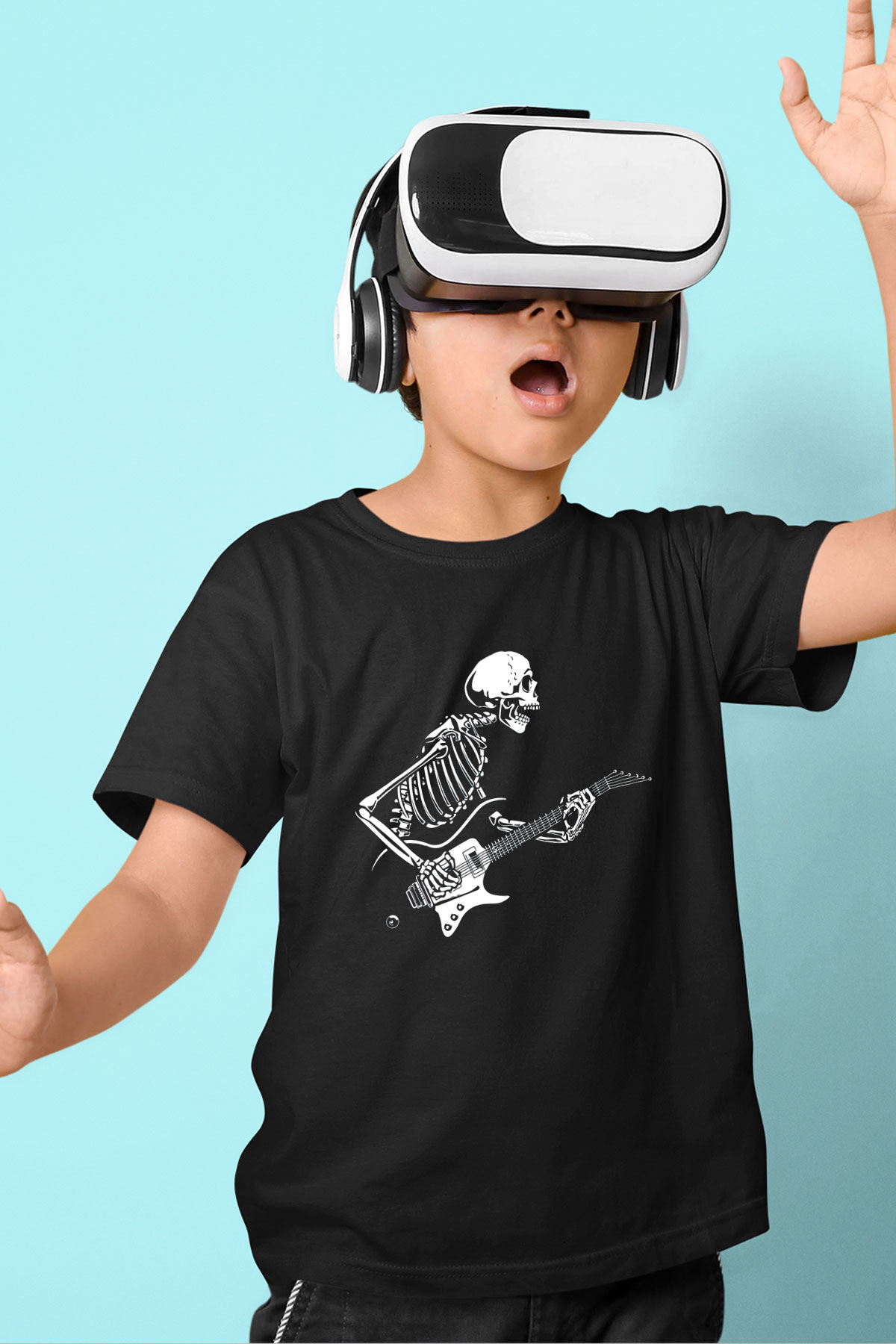 Elektro Gitar Baskılı Unisex Siyah Çocuk Tişört - Tshirt
