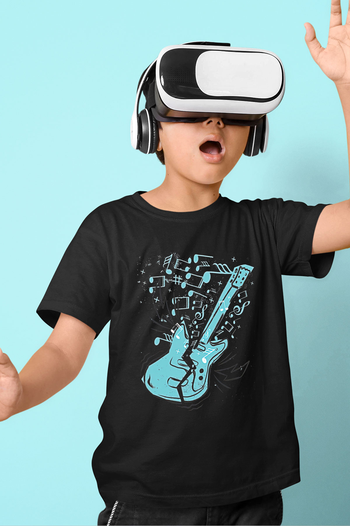 Elektro Gitar Baskılı Unisex Siyah Çocuk Tişört - Tshirt