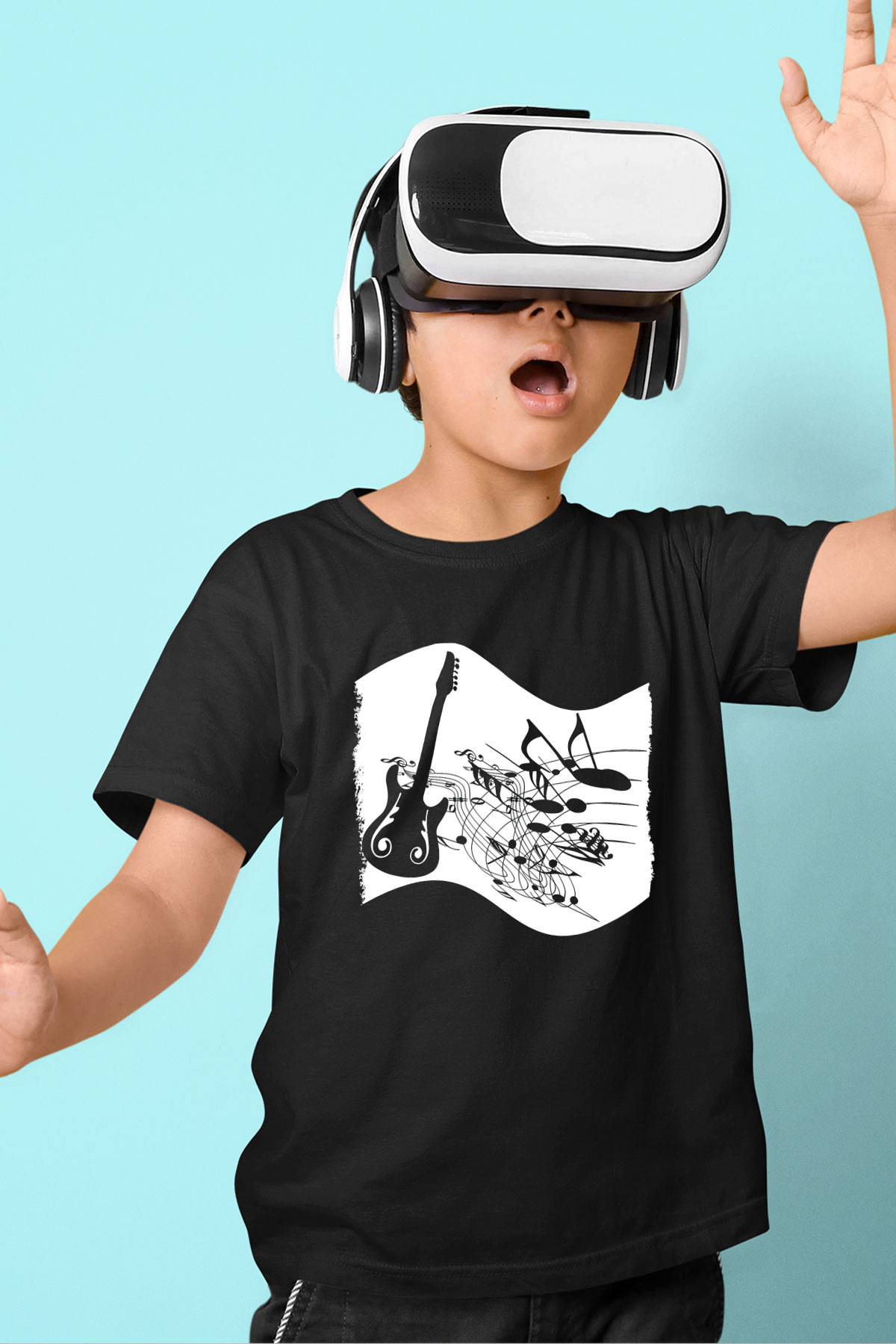 Elektro Gitar Baskılı Unisex Siyah Çocuk Tişört - Tshirt