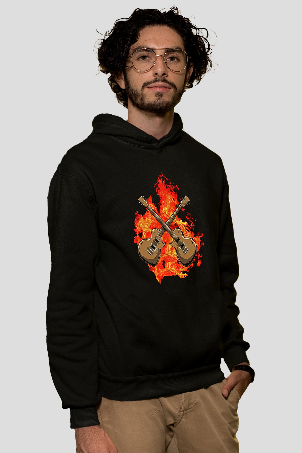 Elektro Gitar Baskılı Unisex Siyah Hoodie