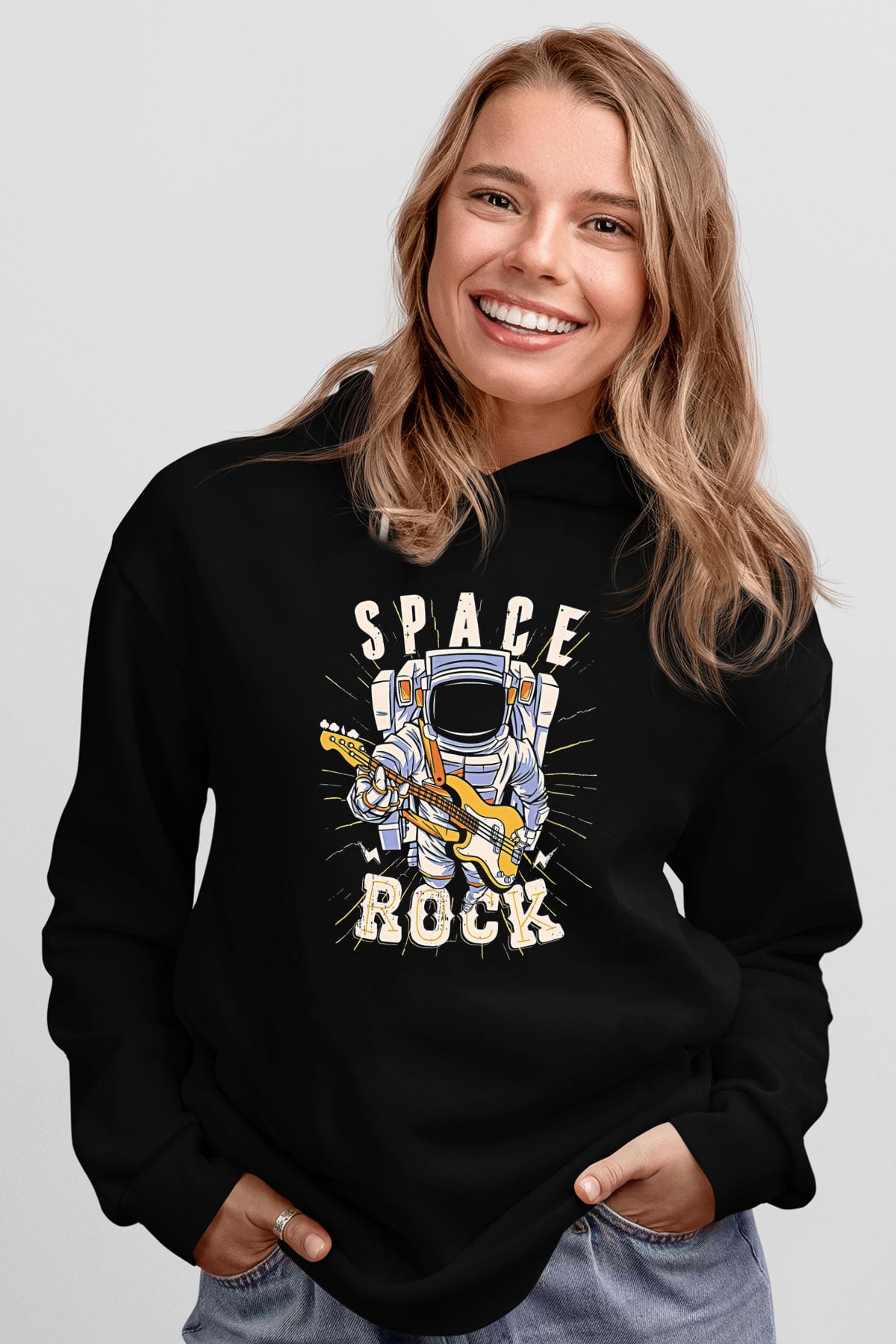 Elektro Gitar Baskılı Unisex Siyah Hoodie