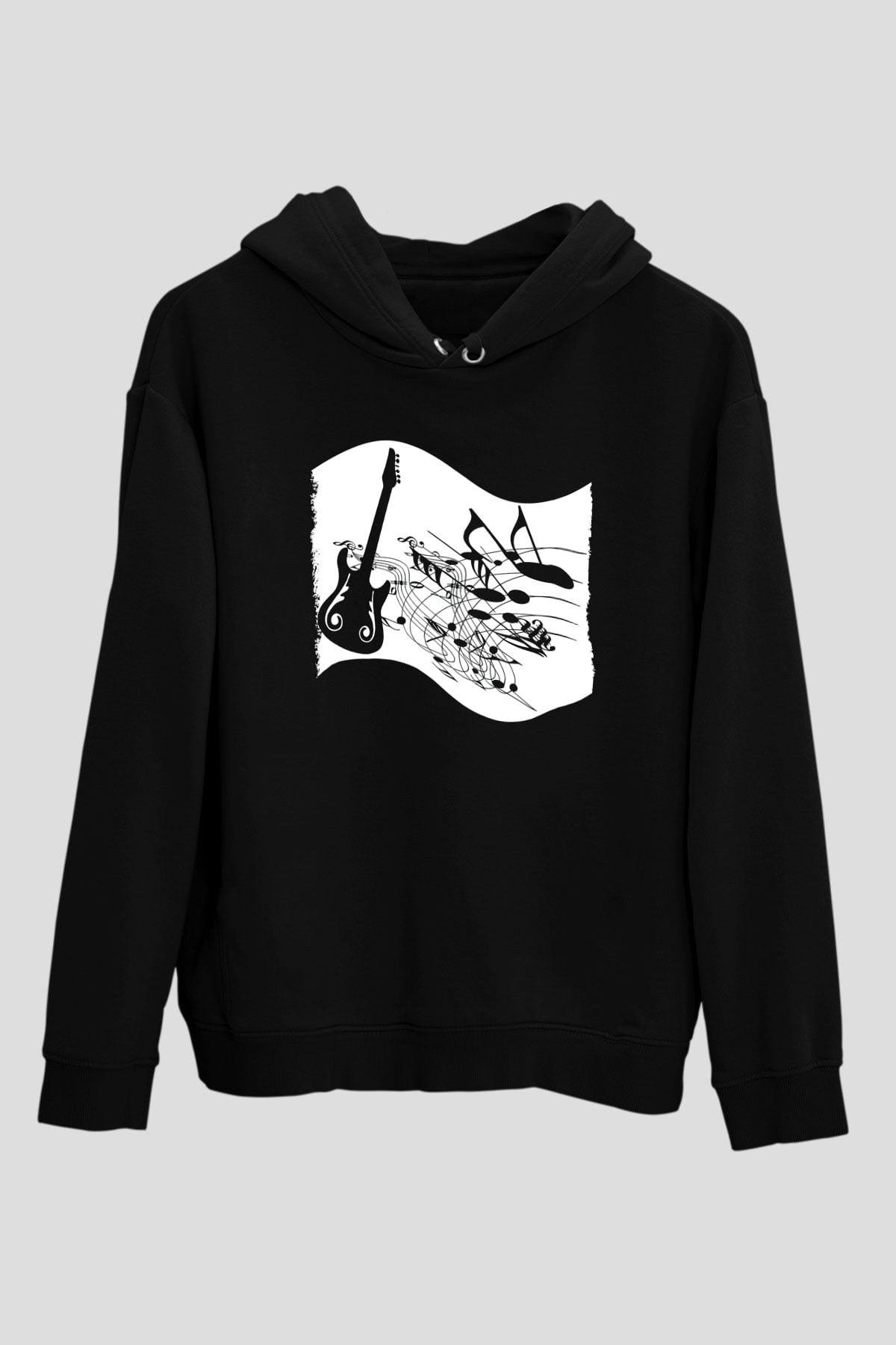 Elektro Gitar Baskılı Unisex Siyah Hoodie