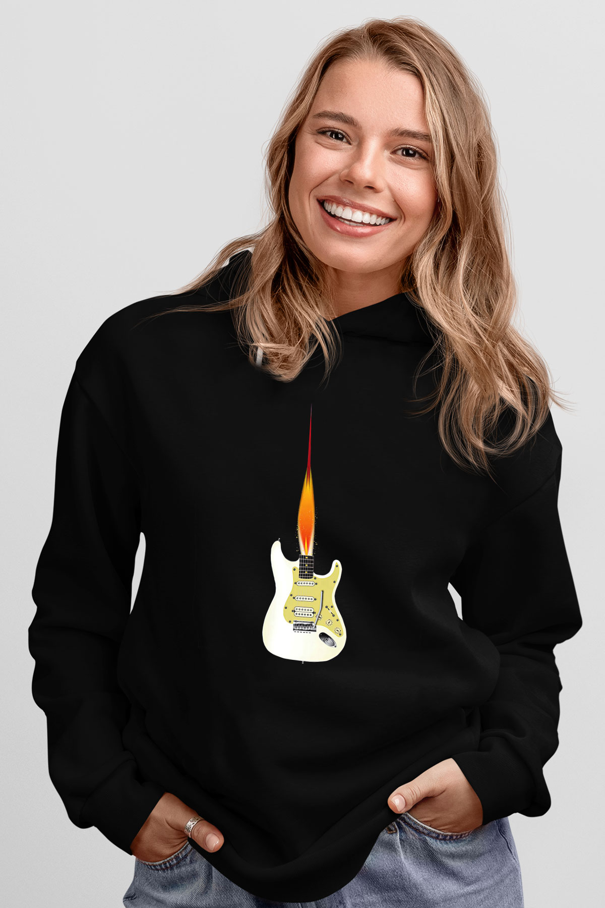 Elektro Gitar Baskılı Unisex Siyah Hoodie