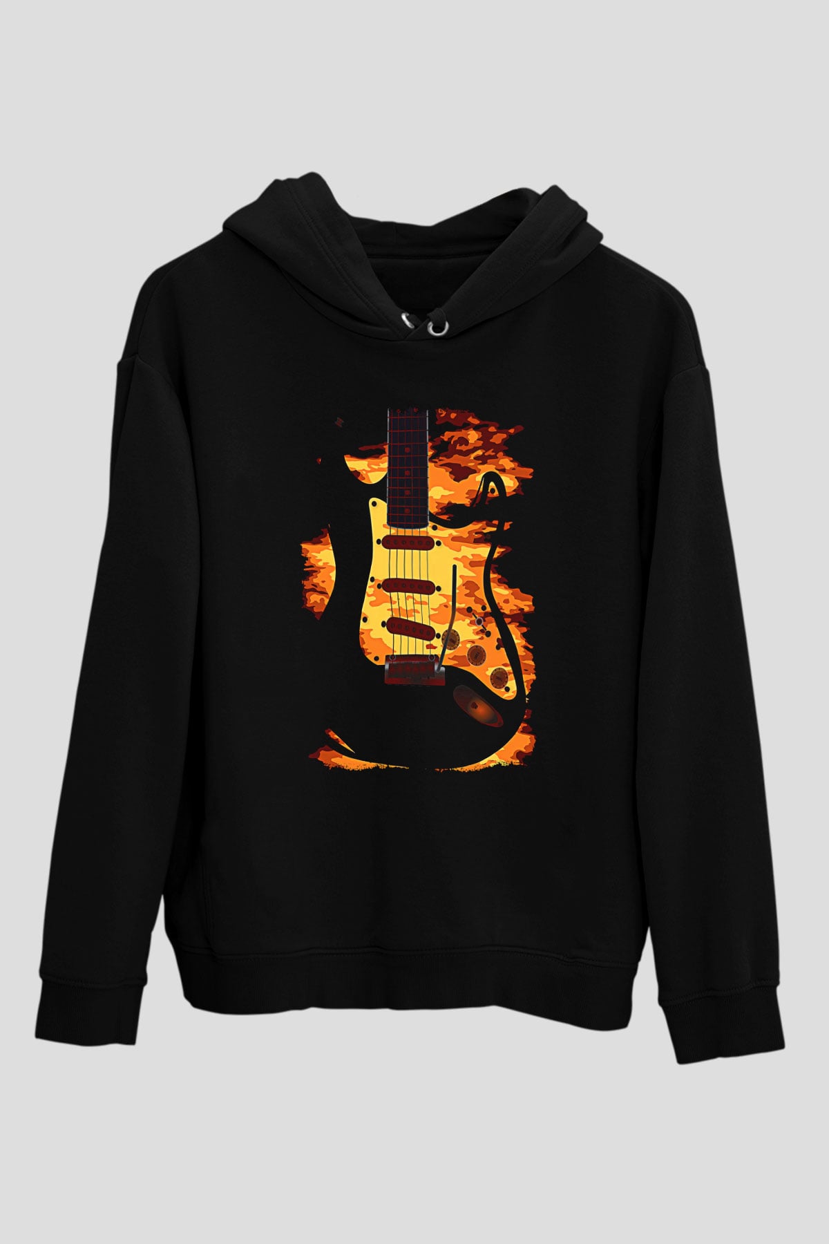 Elektro Gitar Baskılı Unisex Siyah Hoodie