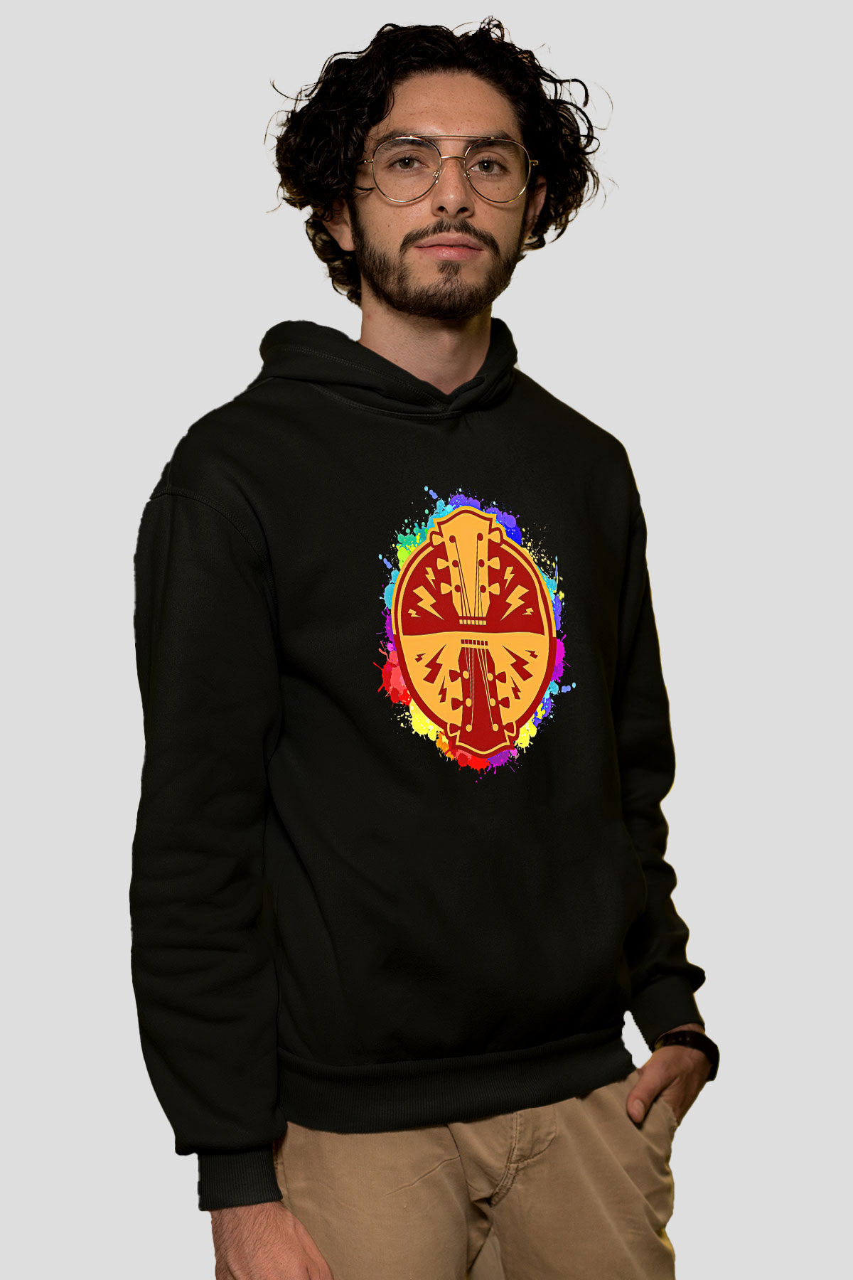 Elektro Gitar Baskılı Unisex Siyah Hoodie