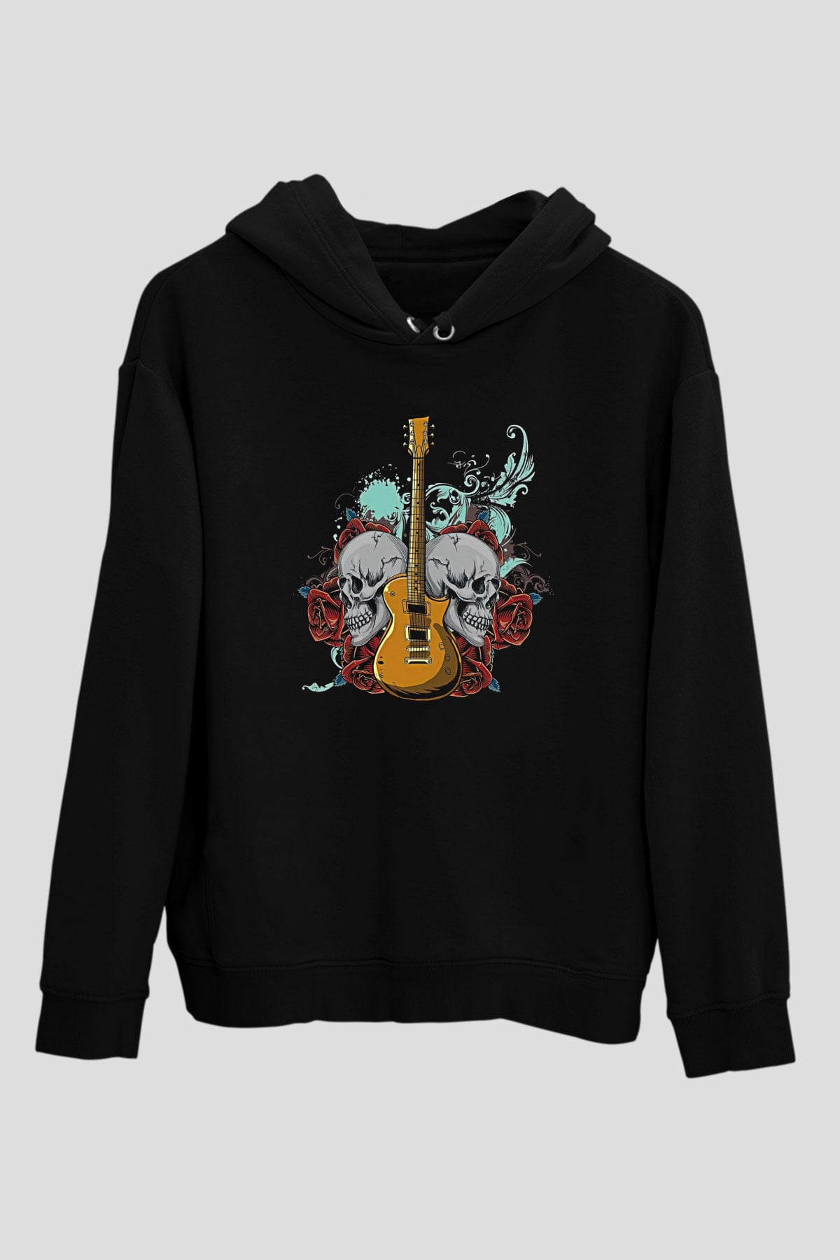 Elektro Gitar Baskılı Unisex Siyah Hoodie