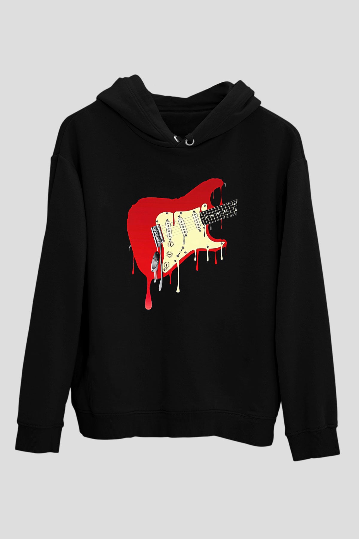 Elektro Gitar Baskılı Unisex Siyah Hoodie