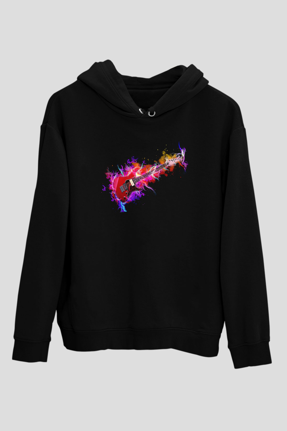 Elektro Gitar Baskılı Unisex Siyah Hoodie