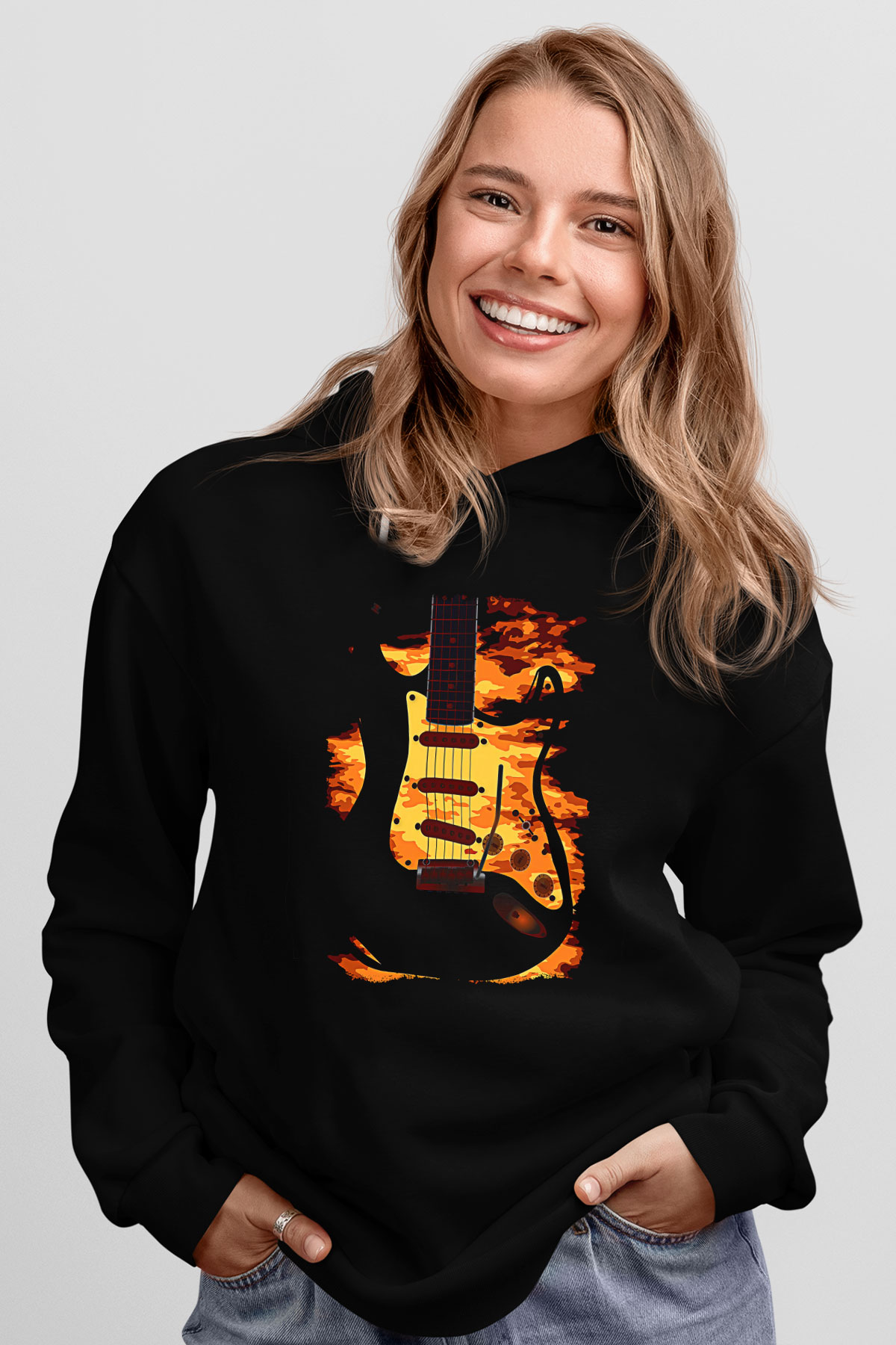 Elektro Gitar Baskılı Unisex Siyah Hoodie
